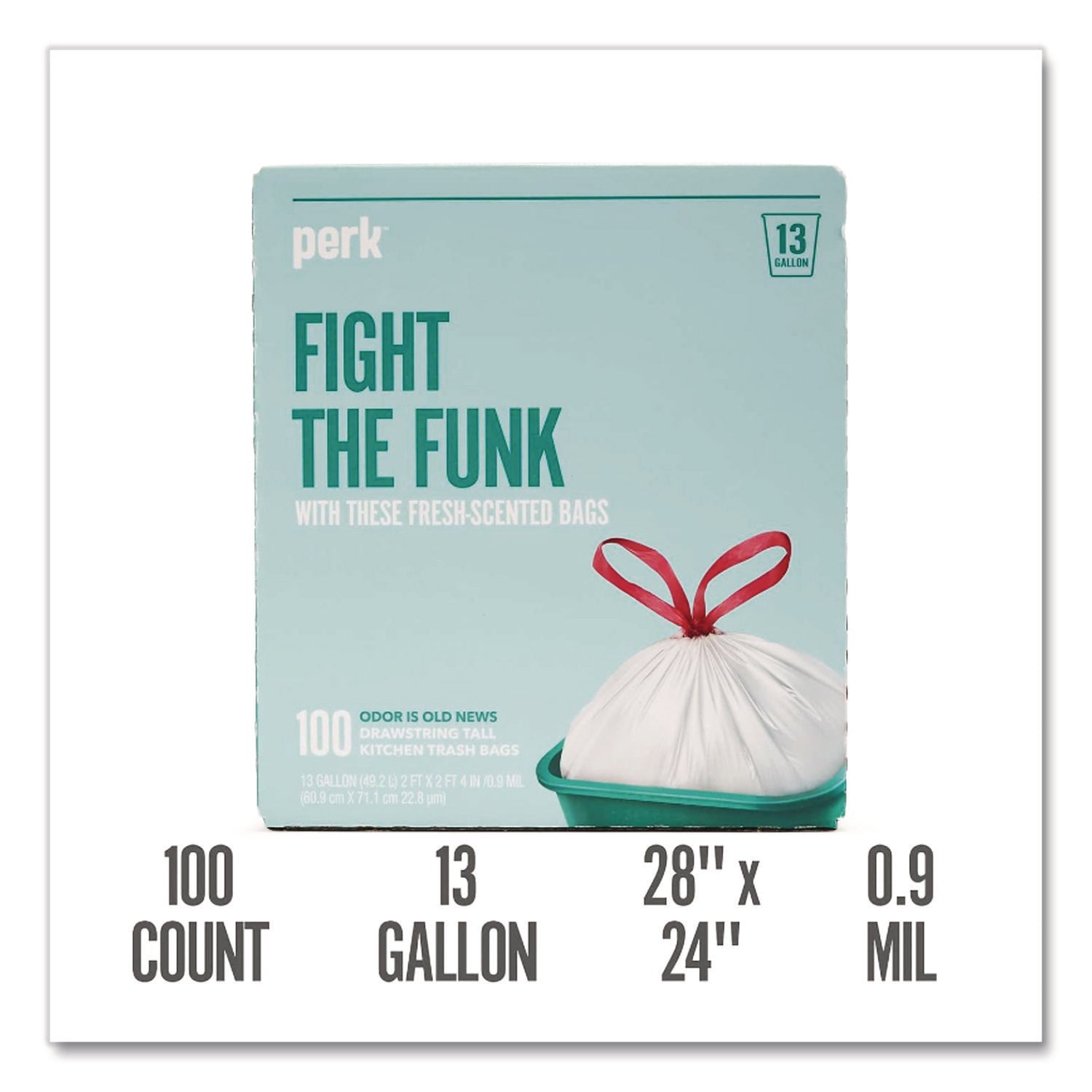 Scented Drawstring Tall Kitchen Trash Bags, 13 gal, Fresh Scent, 28" x 24", White, 100/Box
