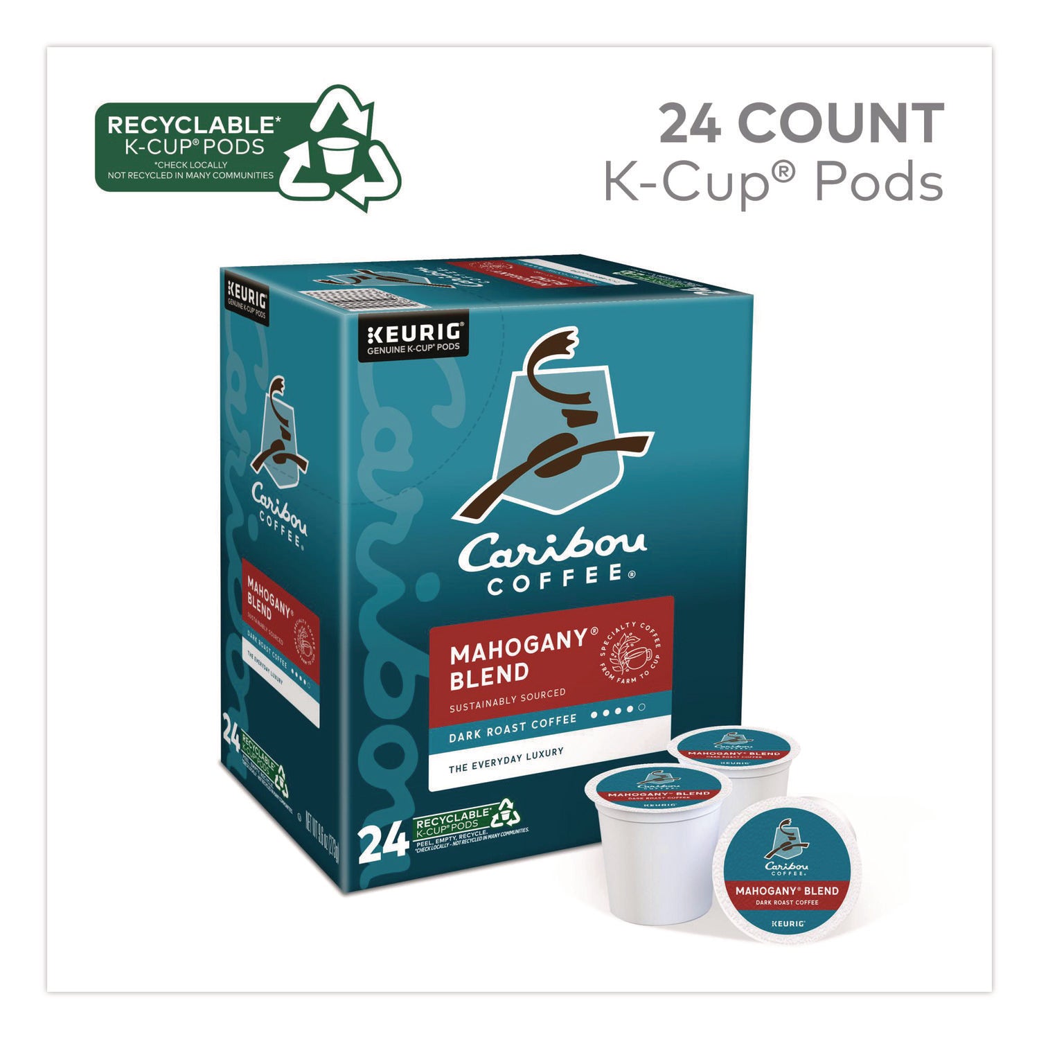 Caribou Coffee&reg; K-Cup Mahogany Coffee - Compatible with Keurig Brewer - Regular - Dark/Bold - K-Cup - Mahogany - 24 / Box