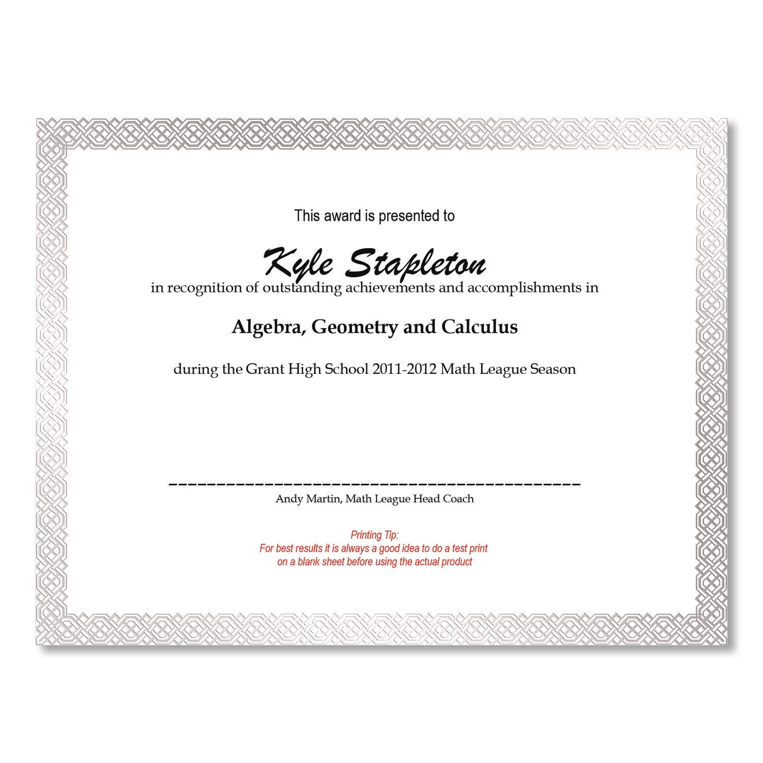 Foil Border Certificates, 8.5 X 11, Ivory/silver, Braided With Silver Border, 15/pack