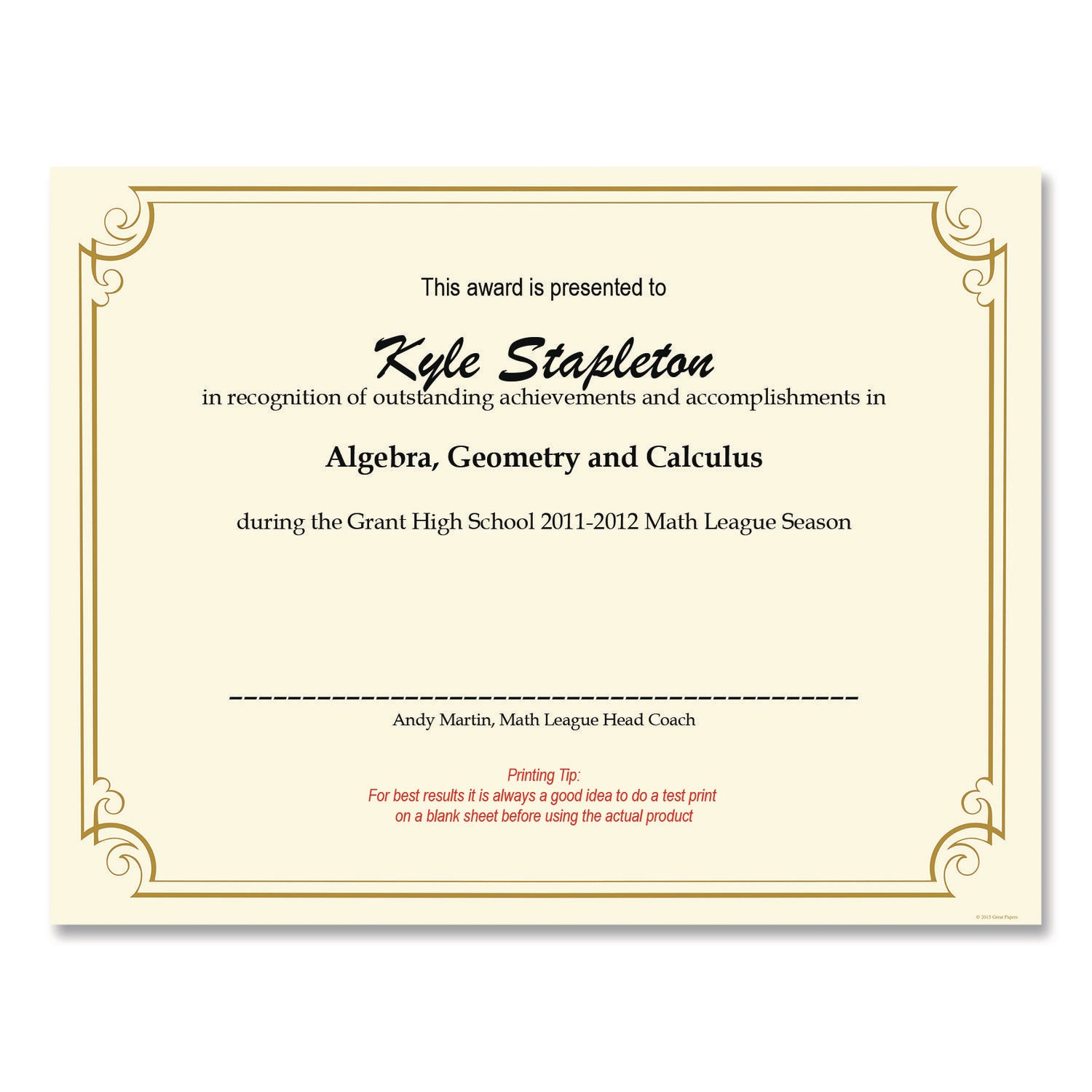 Golden Scroll Frame Foil Certificate, 11 x 8.5, Beige with Gold Scroll Border, 12/Pack