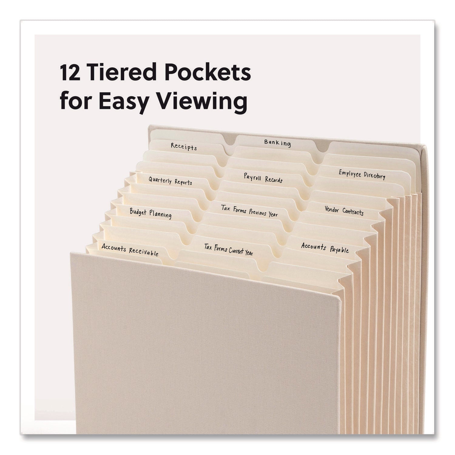 Smead Stadium 12-Pocket 1/3 Tab Cut Letter Size Recycled Expanding File, 8.5" x 11", 900 Sheet Capacity, 10.5" Expansion, 11 Dividers, Beige, 40% Recycled, 1 Each