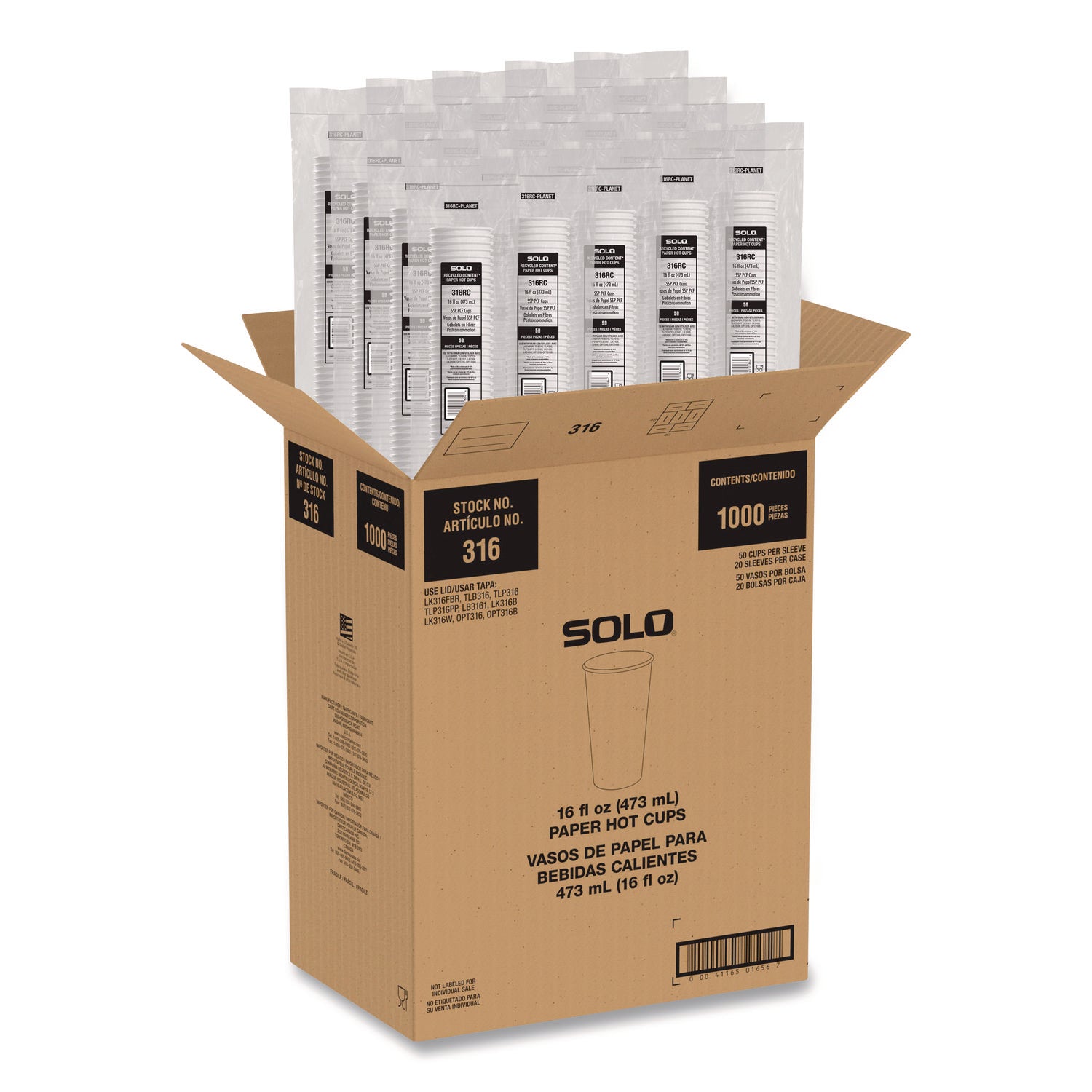 Recycled Content PCF Paper Hot Cups, ProPlanet Seal, 16 oz, White/Blue, 1,000/Carton