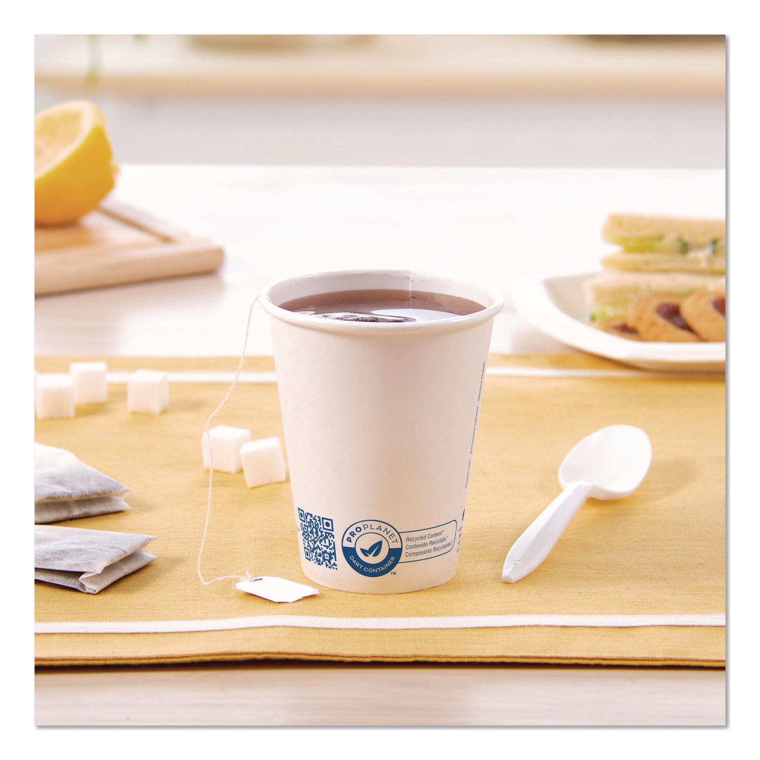 Recycled Content PCF Paper Hot Cups, ProPlanet Seal, 8 oz, White/Blue, 1,000/Carton