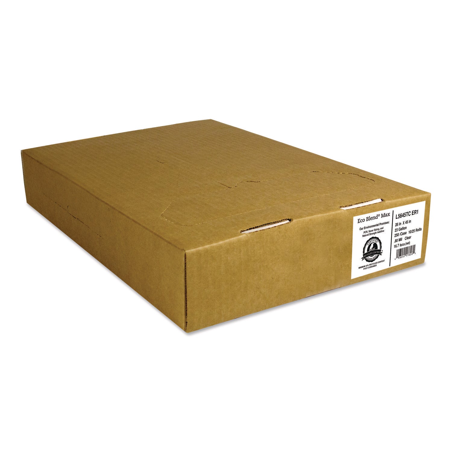 Eco Blend Max Can Liners, 23 gal, 0.8 mil, 28" x 45", Clear, 25 Bags/Roll, 10 Rolls/Carton