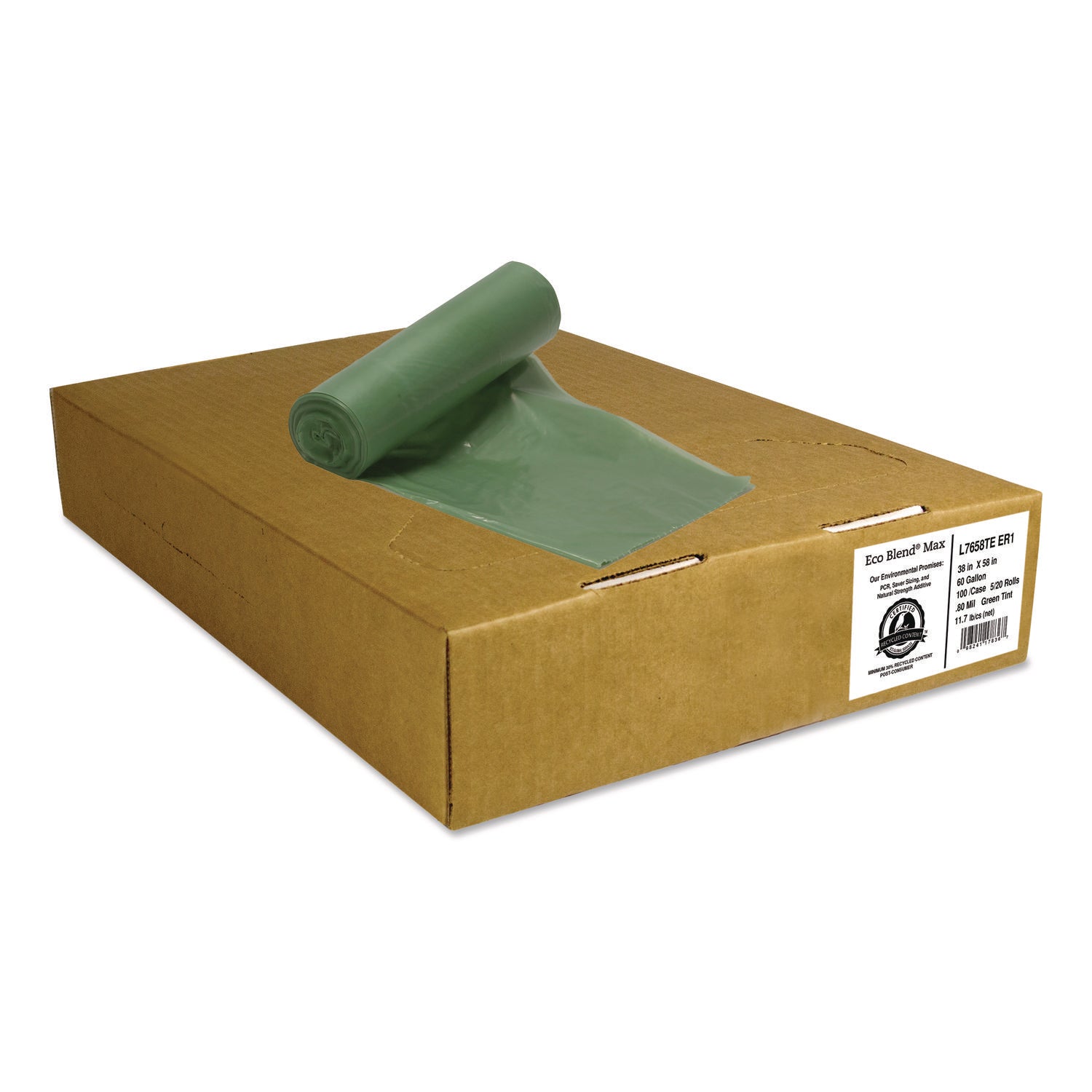 Heritage Eco Blend Max Can Liners - 60 gal Capacity - 38" Width x 58" Depth x 0.80 mil (20 Micron) Thickness - Low Density - Green Tint - Linear Low-Density Polyethylene (LLDPE), Resin - Waste, Can - Recycled - 1 Carton