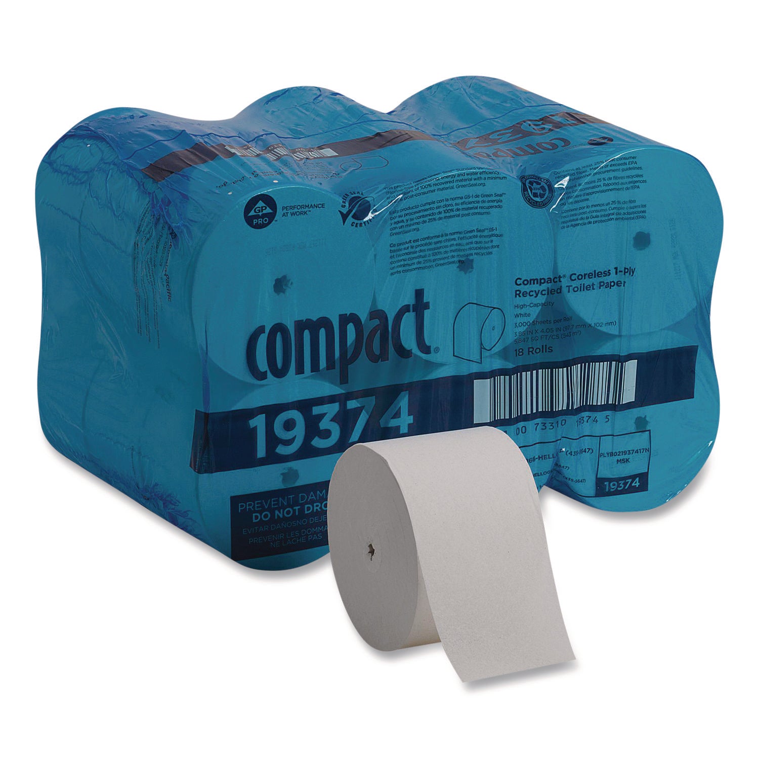 Compact Coreless Recycled Toilet Paper - 1 Ply - 3.85" Width x 4.05" Length - 3000 Sheets/Roll - 5.75" Roll Diameter - White - Fiber - 18 Rolls Per Carton - 18 / Carton