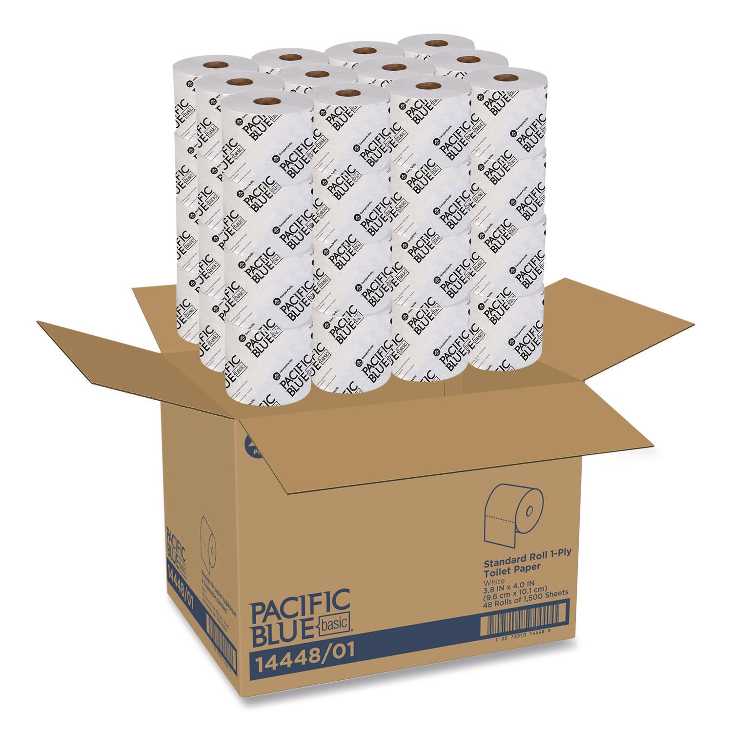 Pacific Blue Basic Standard Roll Toilet Paper - 1 Ply - 3.90" Width x 4" Length - 1500 Sheets/Roll - White - 48 / Carton