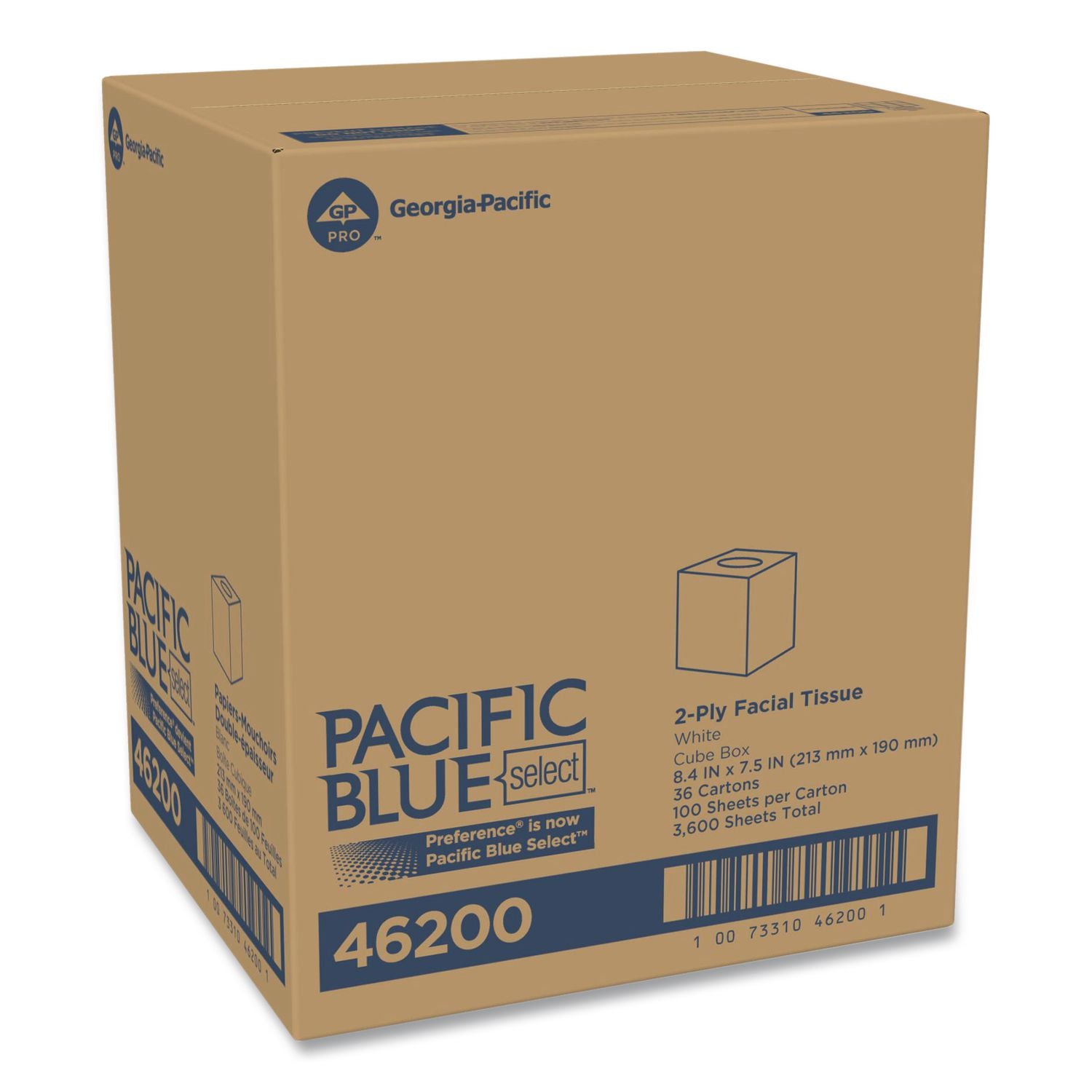 Pacific Blue Select Cube Box Facial Tissue, 2-Ply, White, 100 Sheets/box, 36 Boxes/carton