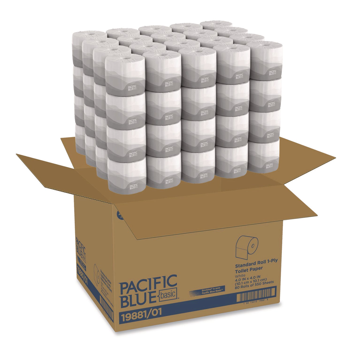 Pacific Blue Basic Standard Roll Toilet Paper - 2 Ply - 4" Width x 4" Length - 550 Sheets/Roll - Embossed - White - 80 / Carton