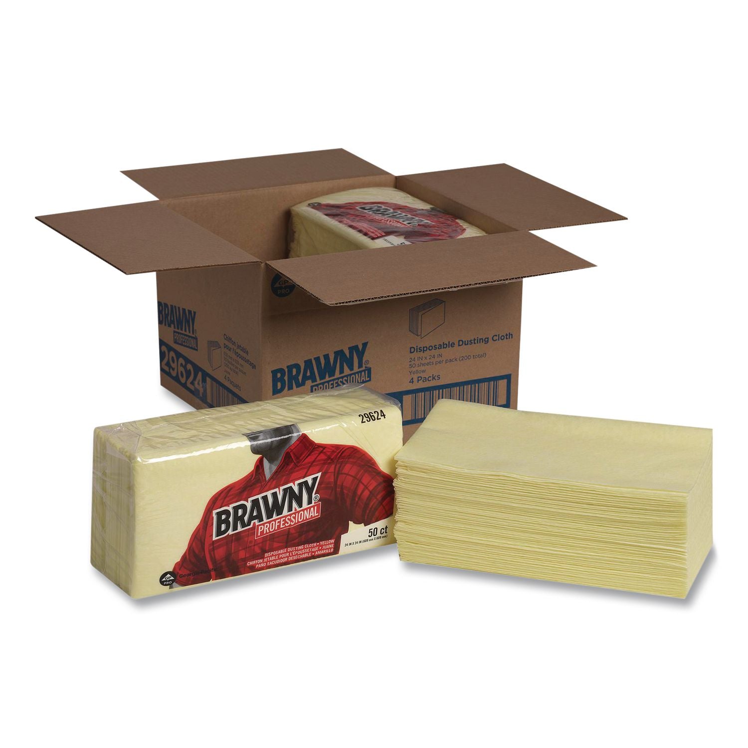 Dusting Cloths, 1/8-Fold, 24 x 24, Unscented, Yellow, 50/Pack, 4 Packs/Carton