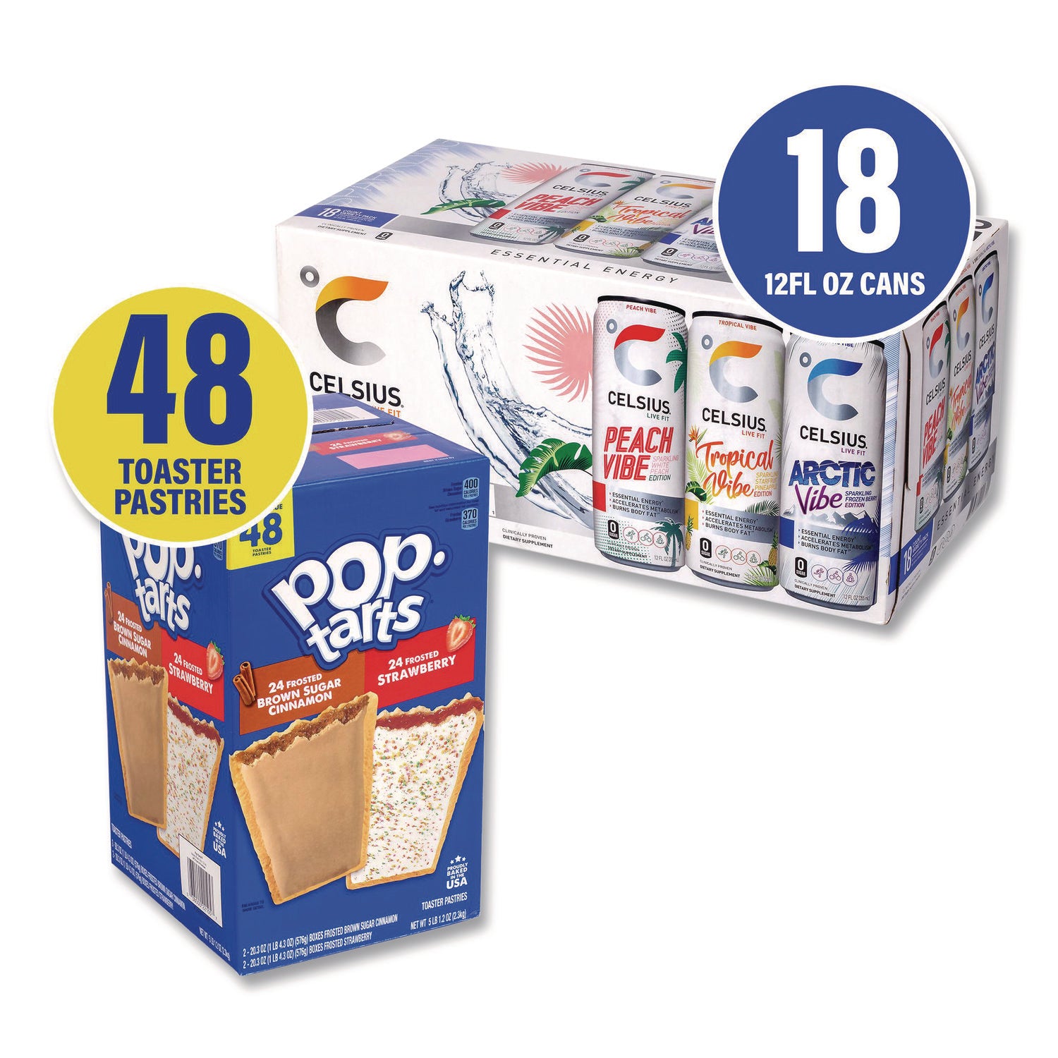 Celcius Vibe and Pop Tarts Variety Combo Pack,(18) 12oz Cans,(24) Frosted Strawberry/(24) Frosted Brown Sugar Cinnamon/Bundle