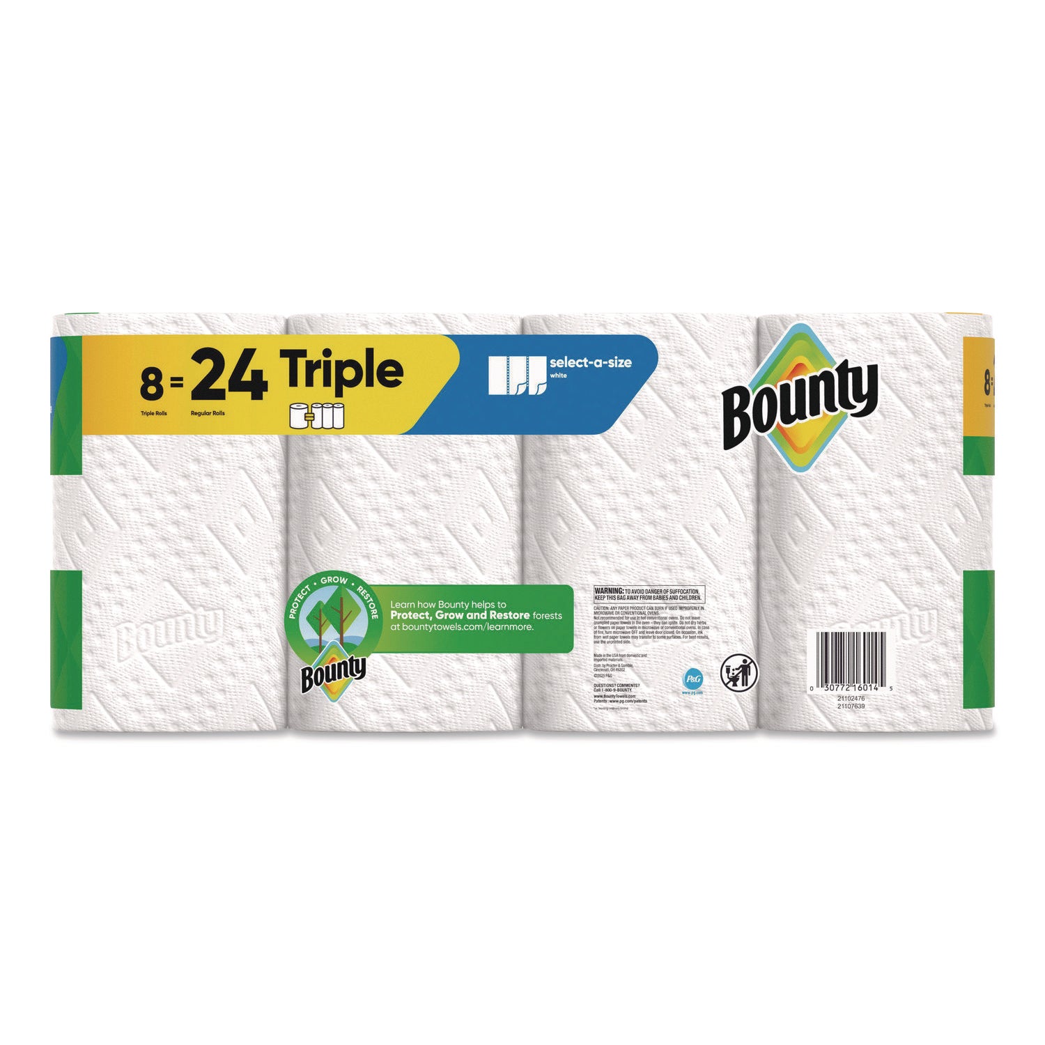 Bounty Select-A-Size Paper Towels, 2 Ply, Diamond Texture, Green, 123 Sheets per Roll, 8 Rolls per Carton