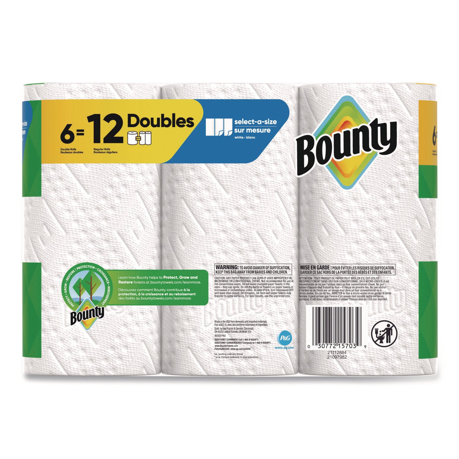 Bounty Select-A-Size Paper Towels, 2 Ply, Diamond Texture, Green, 75 Sheets per Roll, 6 Rolls per Carton