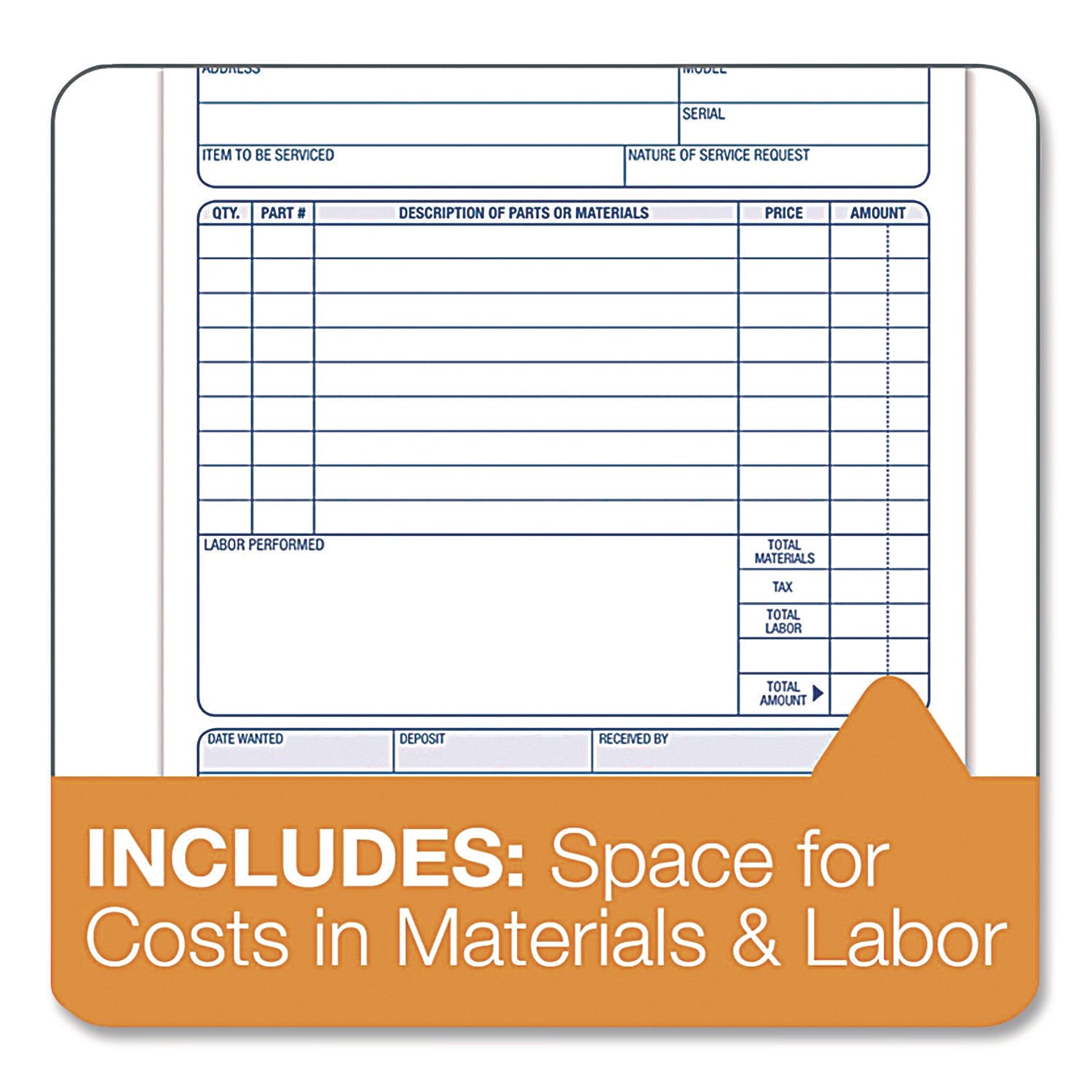 Work Order Form, Three-Part Carbonless, 5.66 x 9, 250 Sets/Pack