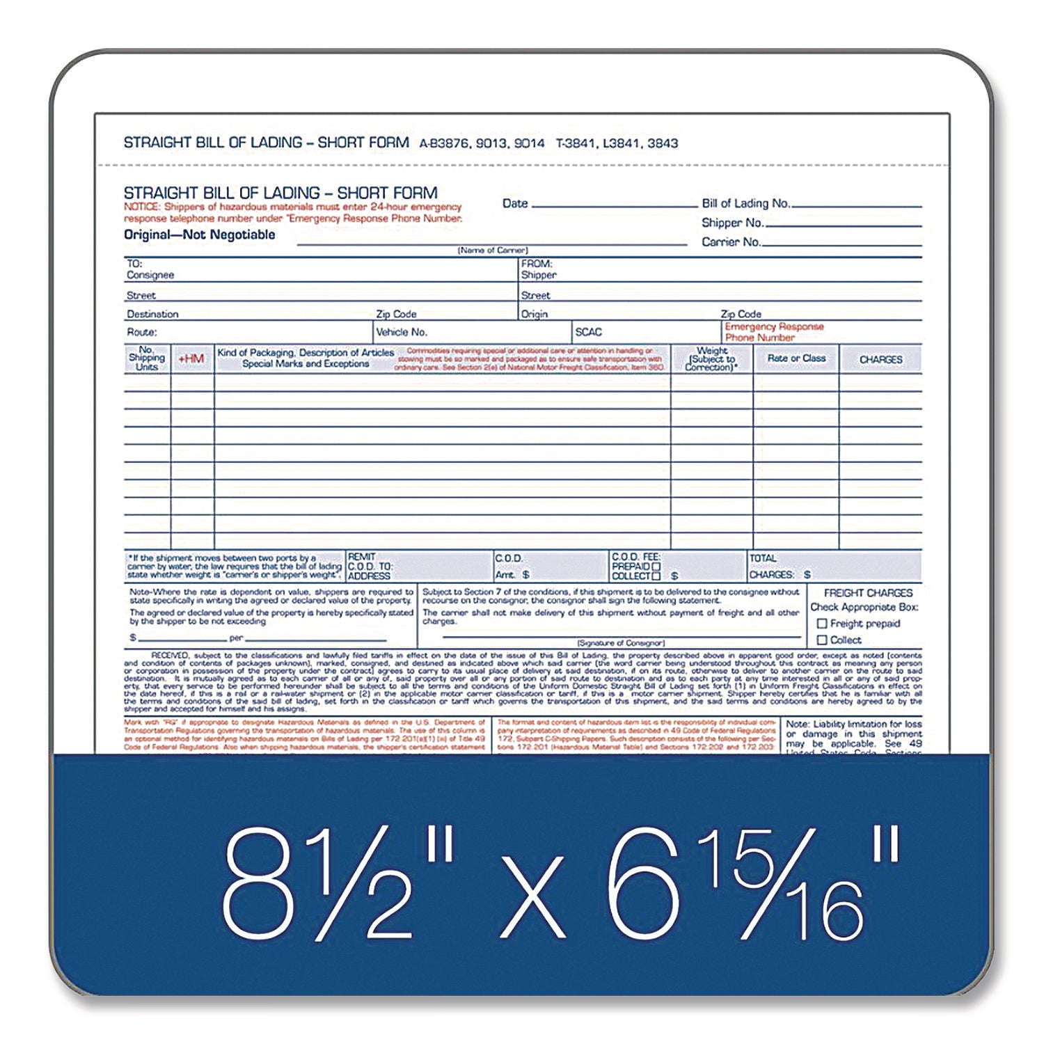 Bill of Lading - Short Form for Up to Ten Articles, Three-Part Carbonless, 8.5 x 6.94, 50 Forms Total