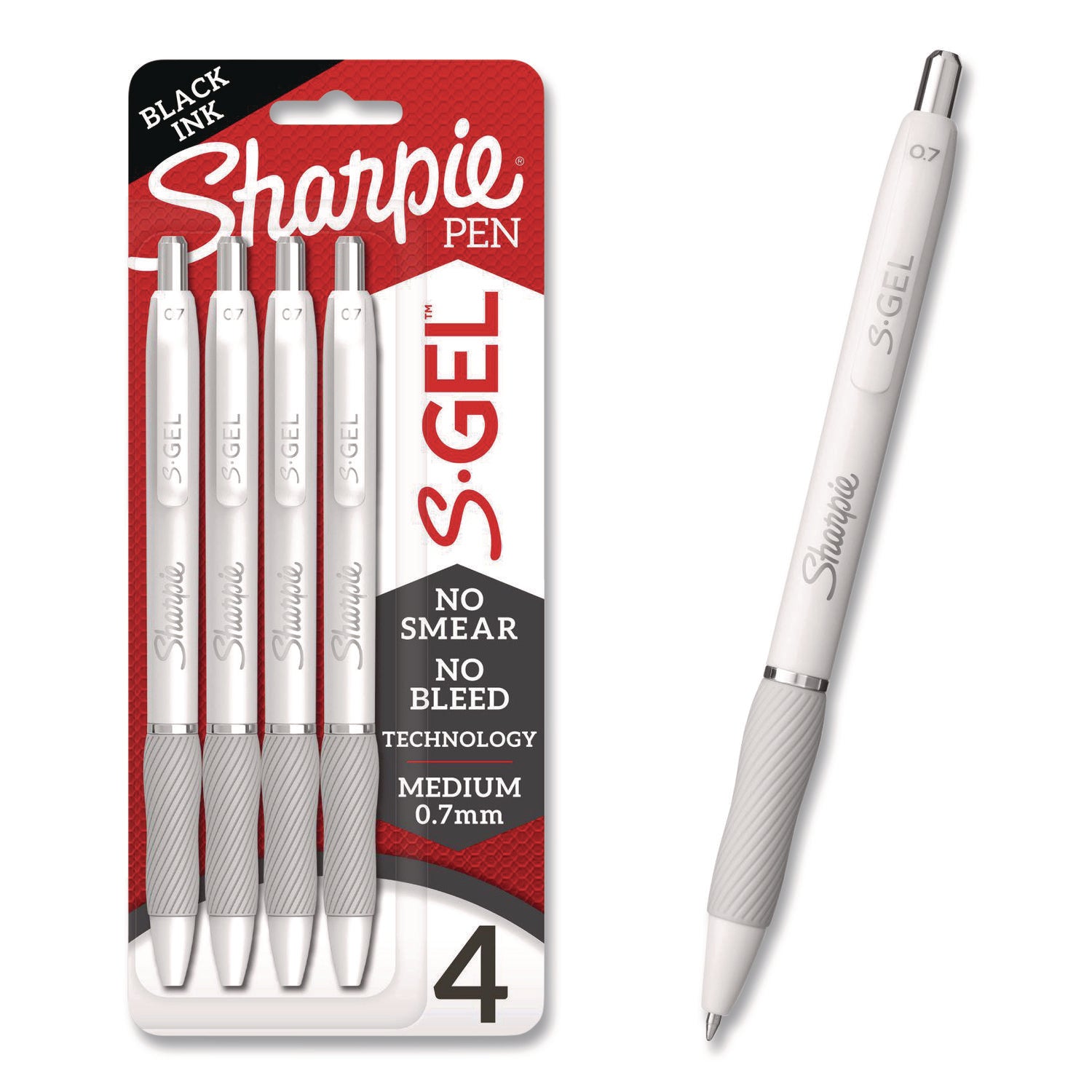 S-Gel, Gel Pens, Medium Point (0.7mm), Pearl White Body, Black Gel Ink Pens, 4 Count
