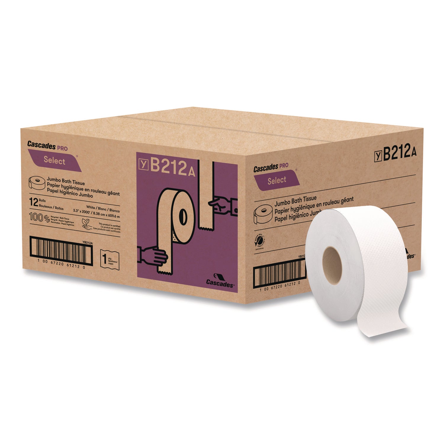 Select Jumbo Bath Tissue, Septic-Safe, 1-Ply, White, 3.3" x 2,000 ft, 12 Rolls/Carton