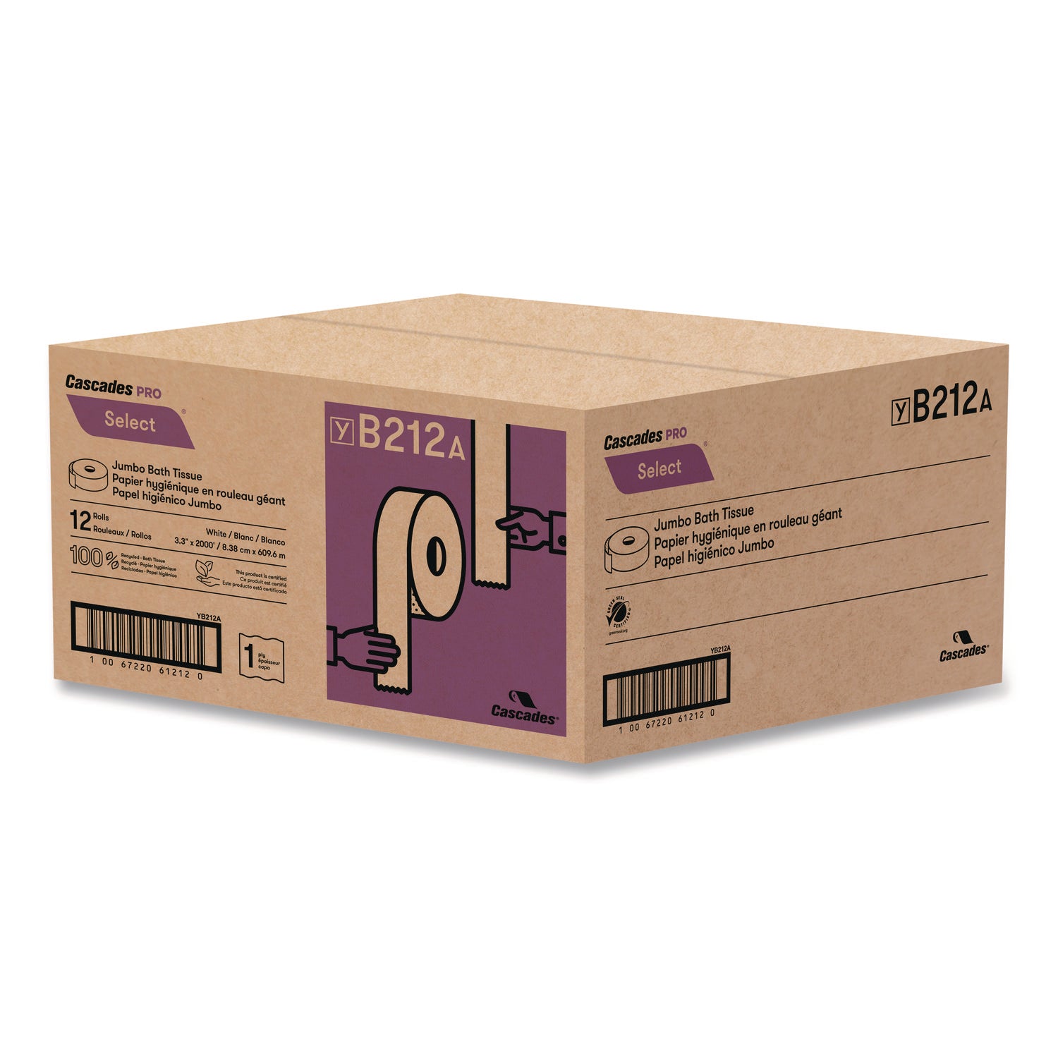 Select Jumbo Bath Tissue, Septic-Safe, 1-Ply, White, 3.3" x 2,000 ft, 12 Rolls/Carton