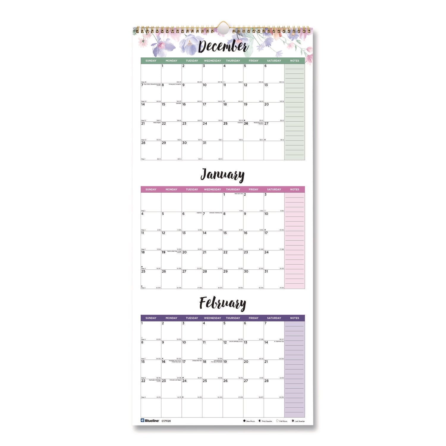 Blueline 3-Month Colorful Wall Calendar