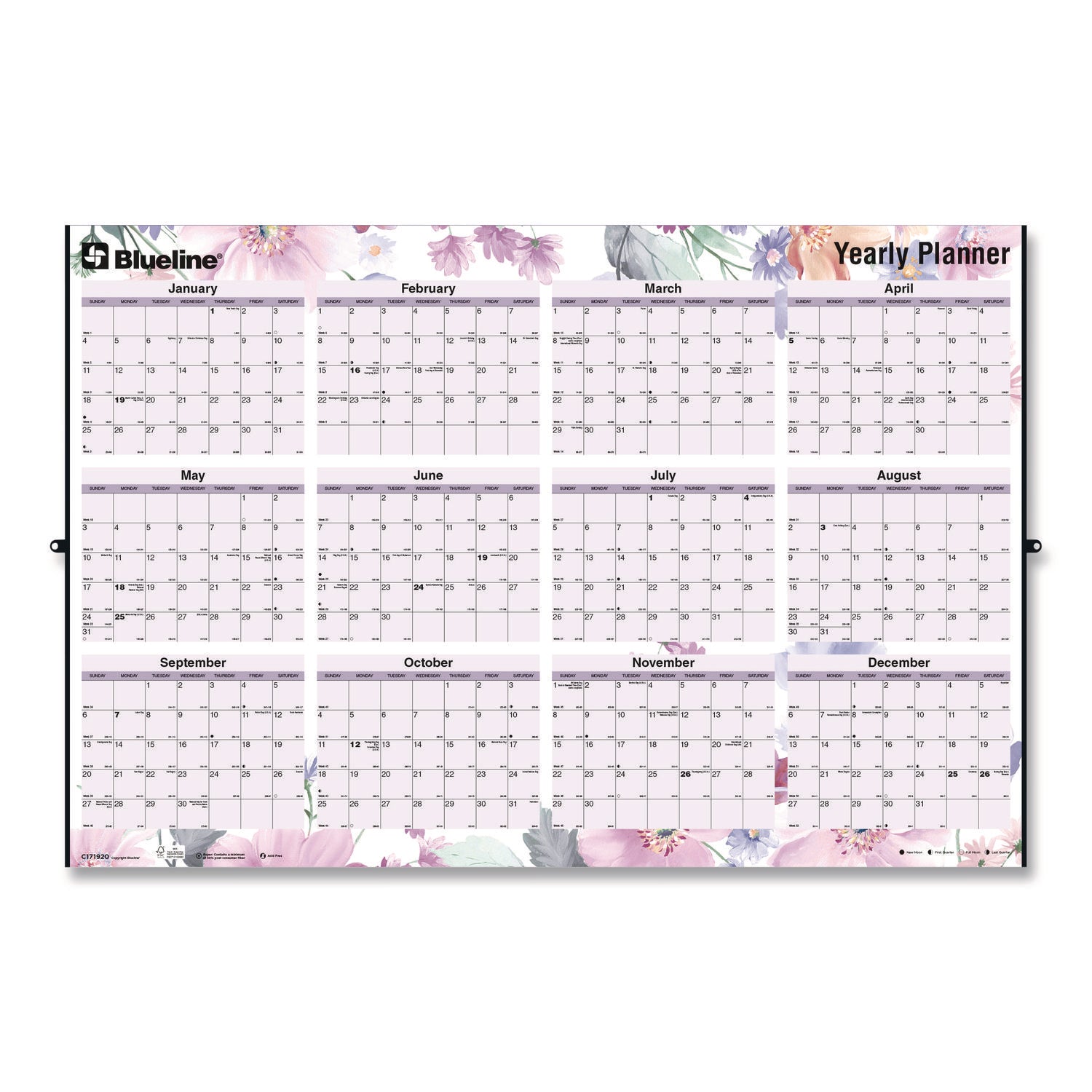 Large - Monthly, Yearly - 12 Month - January 2026 to December 2026 - 36" x 24" Sheet Size - Wall Mount - Metal - 3" Height x 3" Width - Yearly Calendar, Laminated, Eyelet, Hanging Hole, Printed - 1 Each