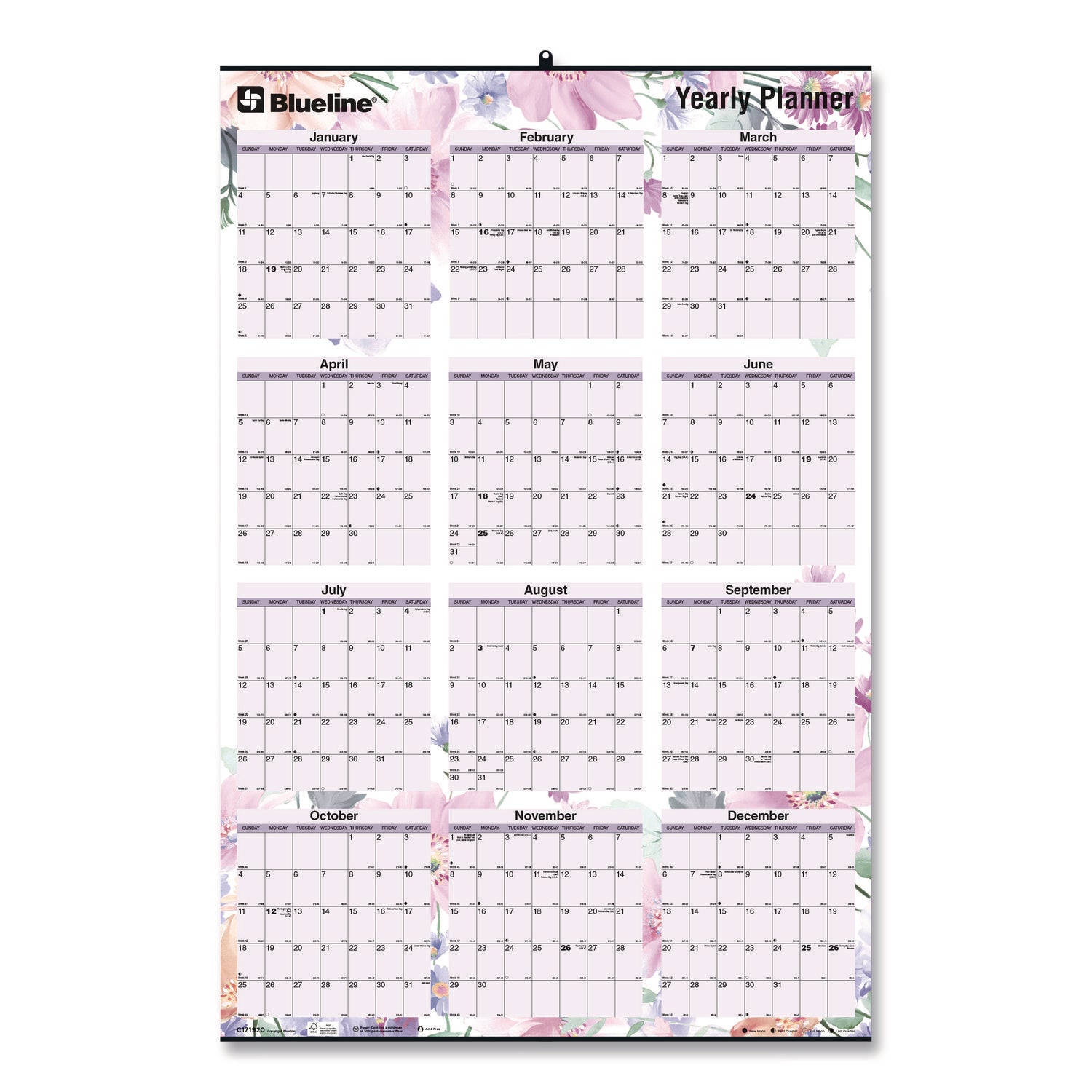 Large - Monthly, Yearly - 12 Month - January 2026 to December 2026 - 36" x 24" Sheet Size - Wall Mount - Metal - 3" Height x 3" Width - Yearly Calendar, Laminated, Eyelet, Hanging Hole, Printed - 1 Each