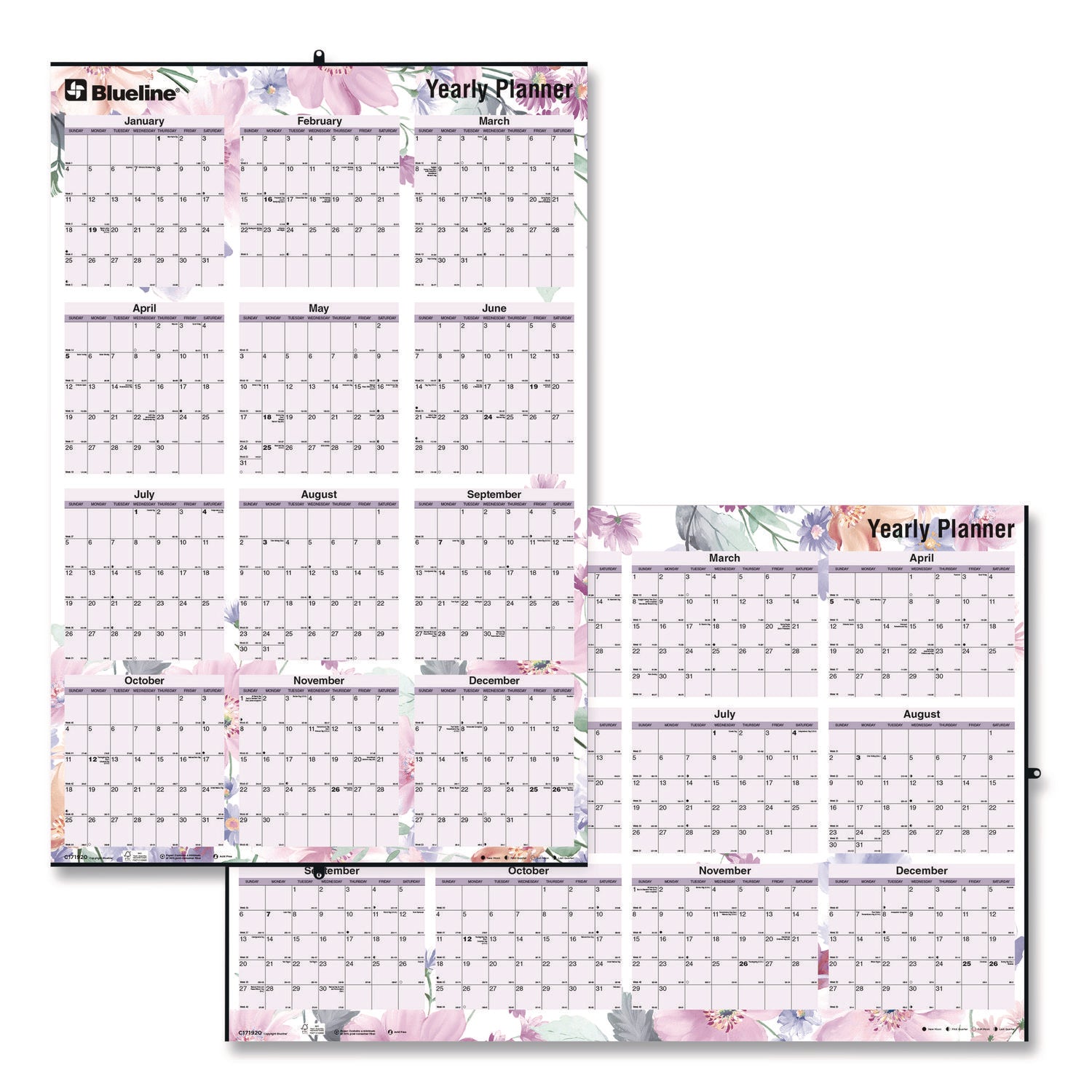 Large - Monthly, Yearly - 12 Month - January 2026 to December 2026 - 36" x 24" Sheet Size - Wall Mount - Metal - 3" Height x 3" Width - Yearly Calendar, Laminated, Eyelet, Hanging Hole, Printed - 1 Each