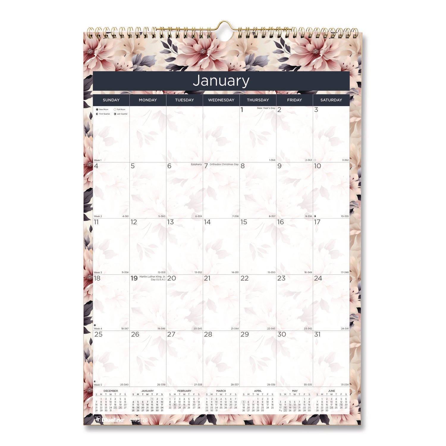 Monthly - 12 Month - January 2026 to December 2026 - 1 Month Single Page Layout - 17" x 12" Sheet Size - Wire Bound - Wall Mount - Abstract Floral - Chipboard - Dated Planning Page, Daily Block, Reference Calendar, Reinforced - 1 Each
