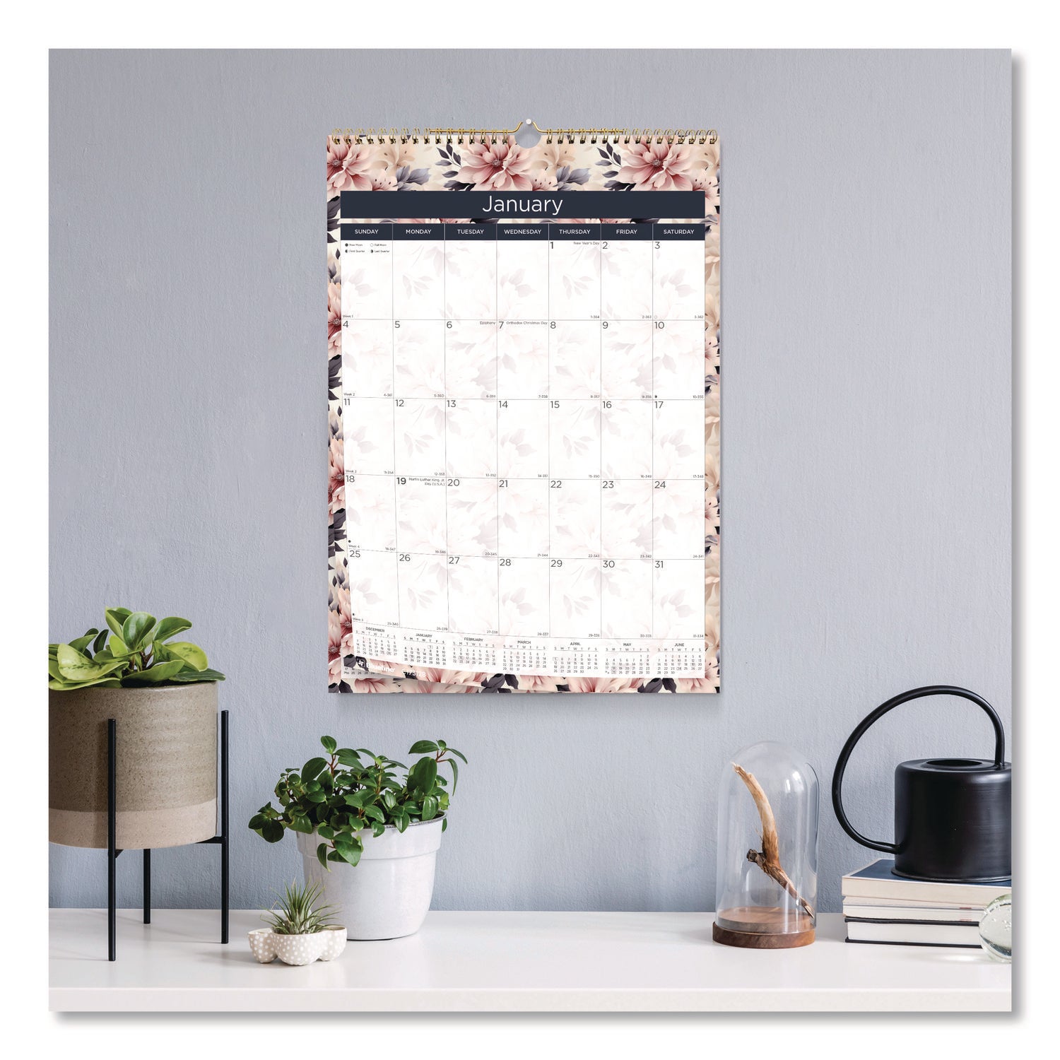 Monthly - 12 Month - January 2026 to December 2026 - 1 Month Single Page Layout - 17" x 12" Sheet Size - Wire Bound - Wall Mount - Abstract Floral - Chipboard - Dated Planning Page, Daily Block, Reference Calendar, Reinforced - 1 Each