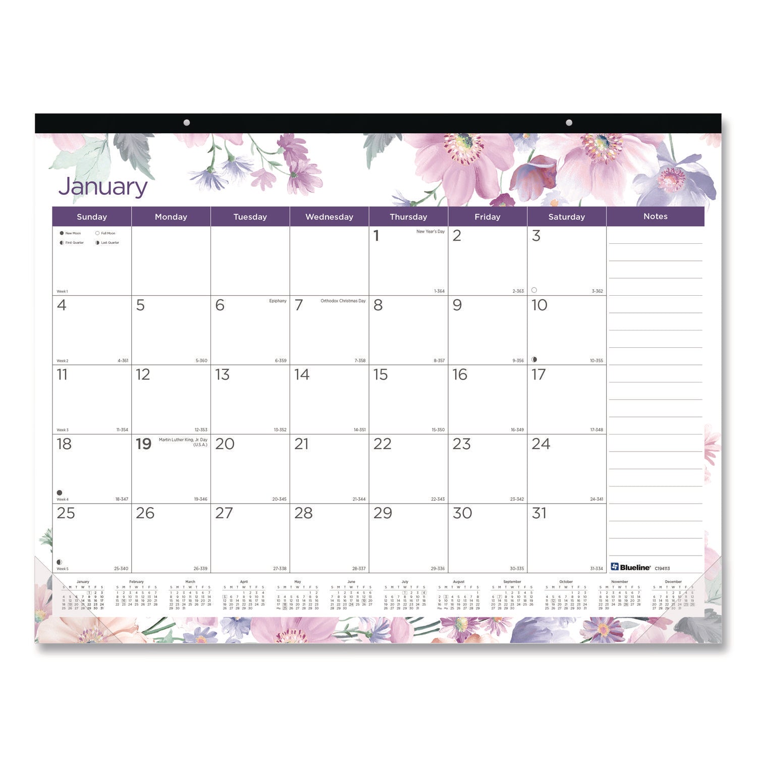 Julian Dates - Monthly - 12 Month - January 2026 to December 2026 - 1 Month Single Page Layout - 22" x 17" Sheet Size - Desk Pad - Floral - Fiber - Notes Area, Tear-off, Moon Phases, Holiday Listing, Reference Calendar, Unruled Daily Block - 1 Each