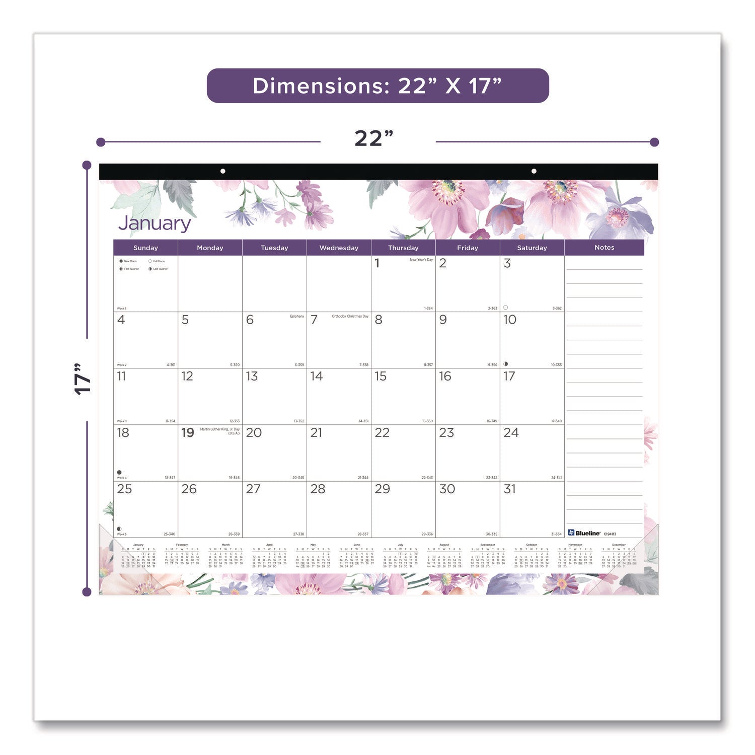 Julian Dates - Monthly - 12 Month - January 2026 to December 2026 - 1 Month Single Page Layout - 22" x 17" Sheet Size - Desk Pad - Floral - Fiber - Notes Area, Tear-off, Moon Phases, Holiday Listing, Reference Calendar, Unruled Daily Block - 1 Each