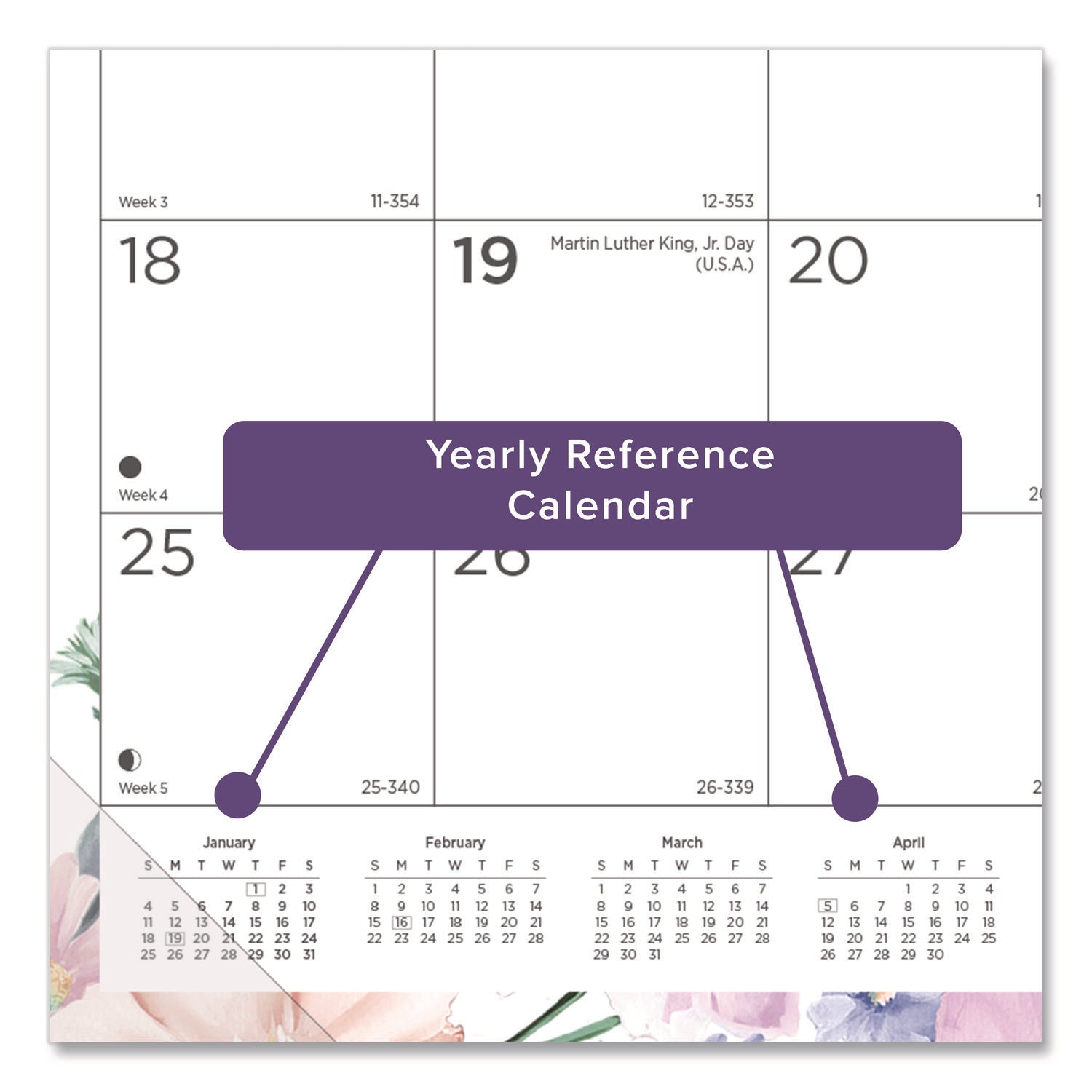 Julian Dates - Monthly - 12 Month - January 2026 to December 2026 - 1 Month Single Page Layout - 22" x 17" Sheet Size - Desk Pad - Floral - Fiber - Notes Area, Tear-off, Moon Phases, Holiday Listing, Reference Calendar, Unruled Daily Block - 1 Each