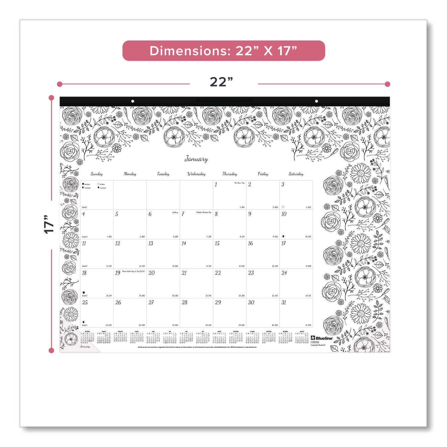 Julian Dates - Monthly - January 2026 to December 2026 - 1 Month Single Page Layout - Desk Pad - White - Chipboard - 17" Height x 22" Width - Tear-off, Compact, Reinforced - 1 Each