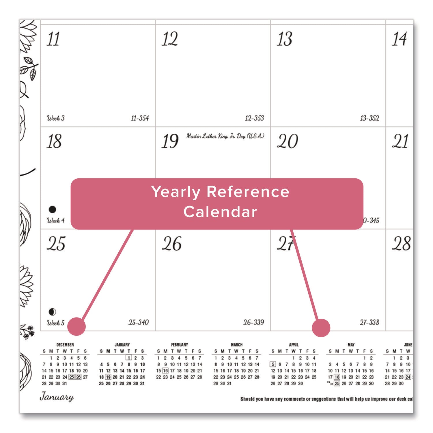 Julian Dates - Monthly - January 2026 to December 2026 - 1 Month Single Page Layout - Desk Pad - White - Chipboard - 17" Height x 22" Width - Tear-off, Compact, Reinforced - 1 Each