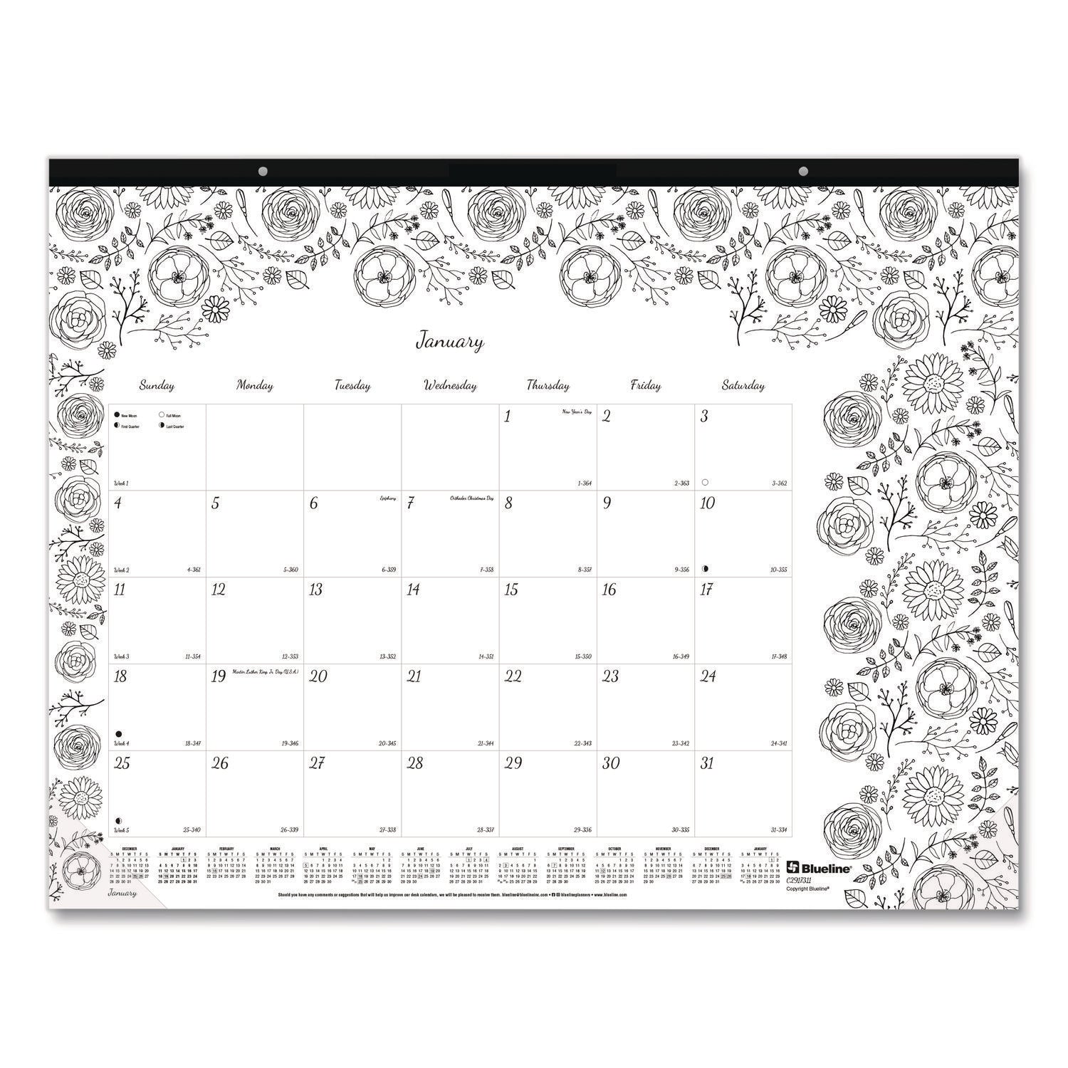 Julian Dates - Monthly - January 2026 to December 2026 - 1 Month Single Page Layout - Desk Pad - White - Chipboard - 17" Height x 22" Width - Tear-off, Compact, Reinforced - 1 Each