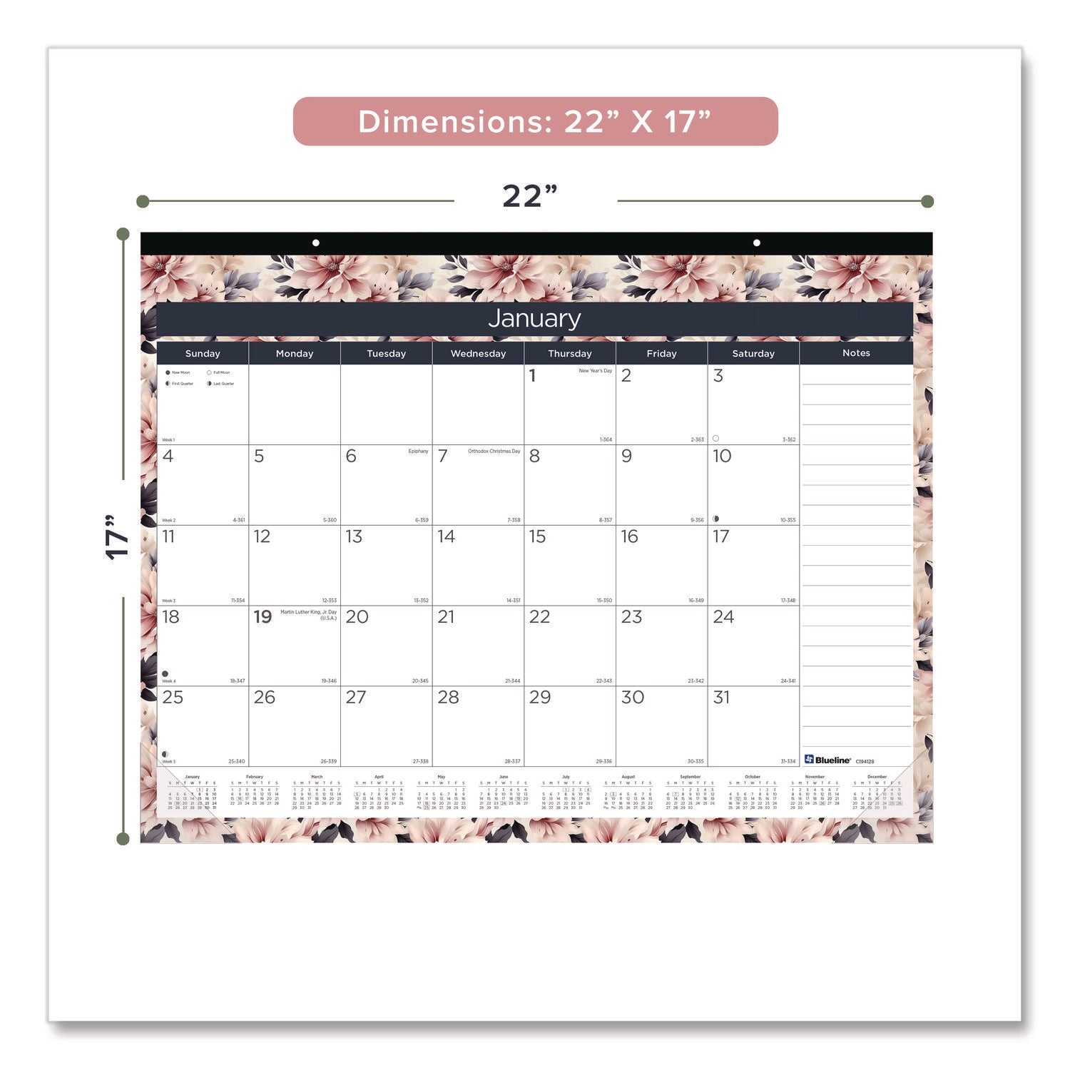 Blueline Abstract Floral Monthly Desk Pad