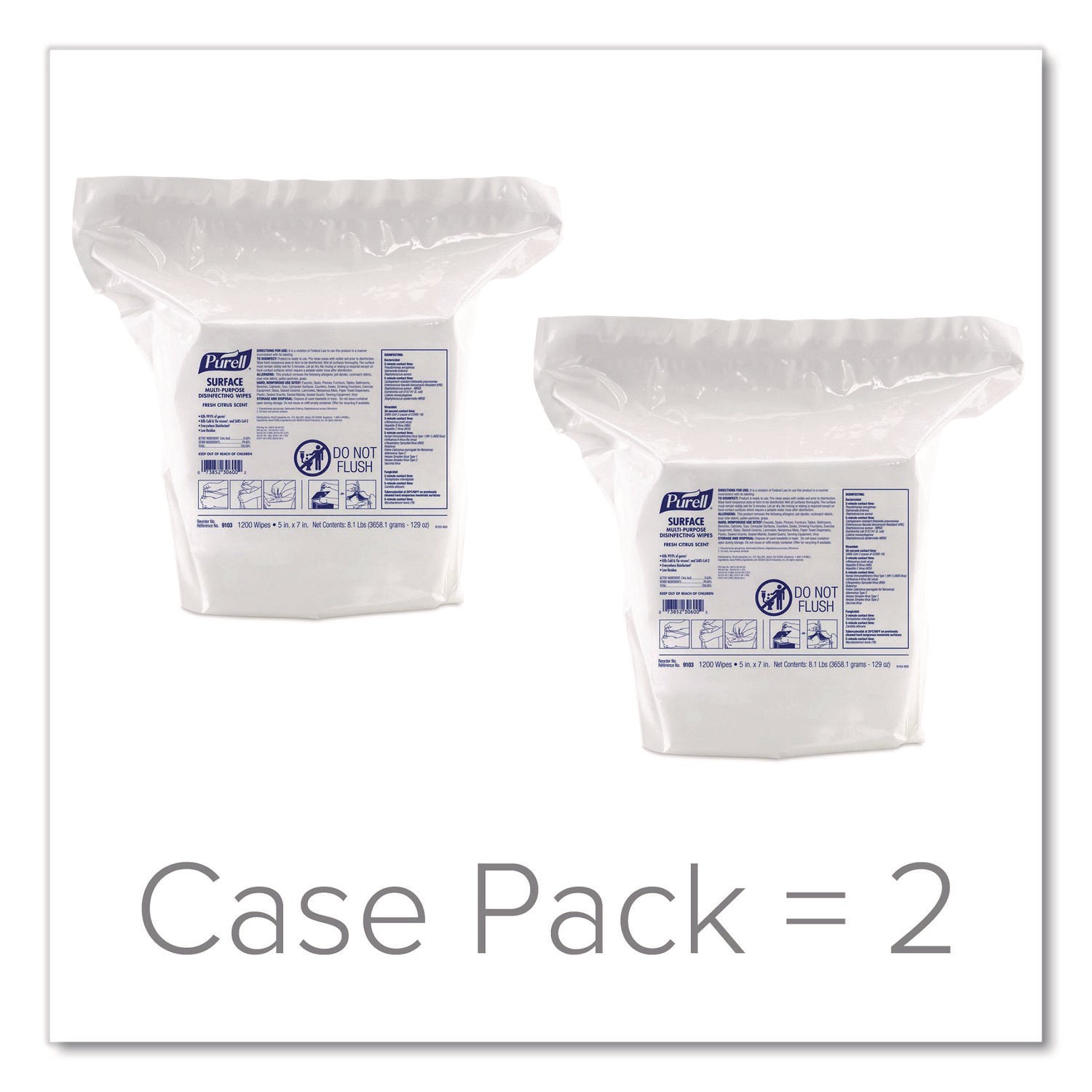 Surface Multi-Purpose Disinfecting Wipes, 1-Ply, 5 x 7, Fresh Citrus, White, 2/Carton