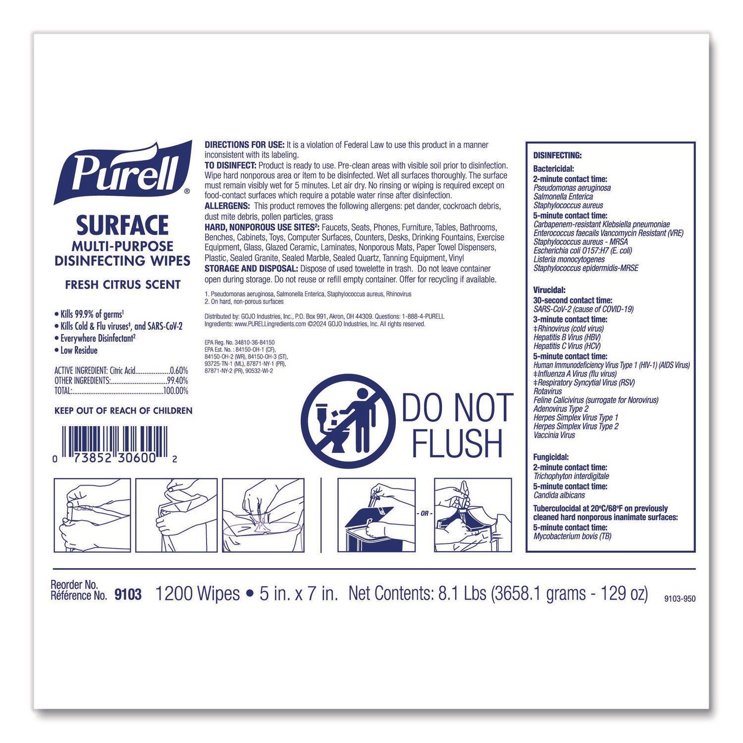 Surface Multi-Purpose Disinfecting Wipes, 1-Ply, 5 x 7, Fresh Citrus, White, 2/Carton