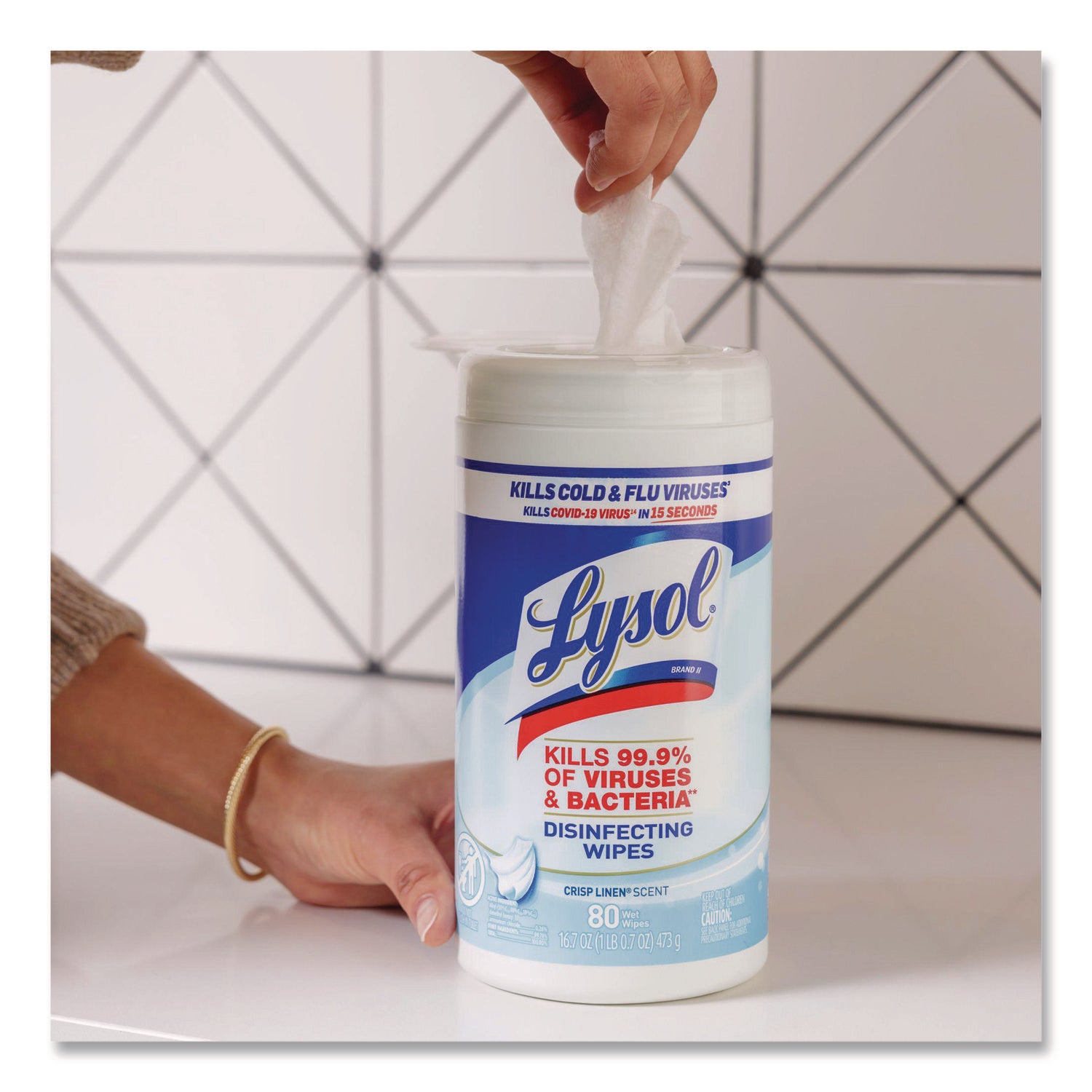 Lysol Disinfecting Wipes, Crisp Linen Scent, 7" x 7.25", White, 80 Wipes per Tub, 1 Tub