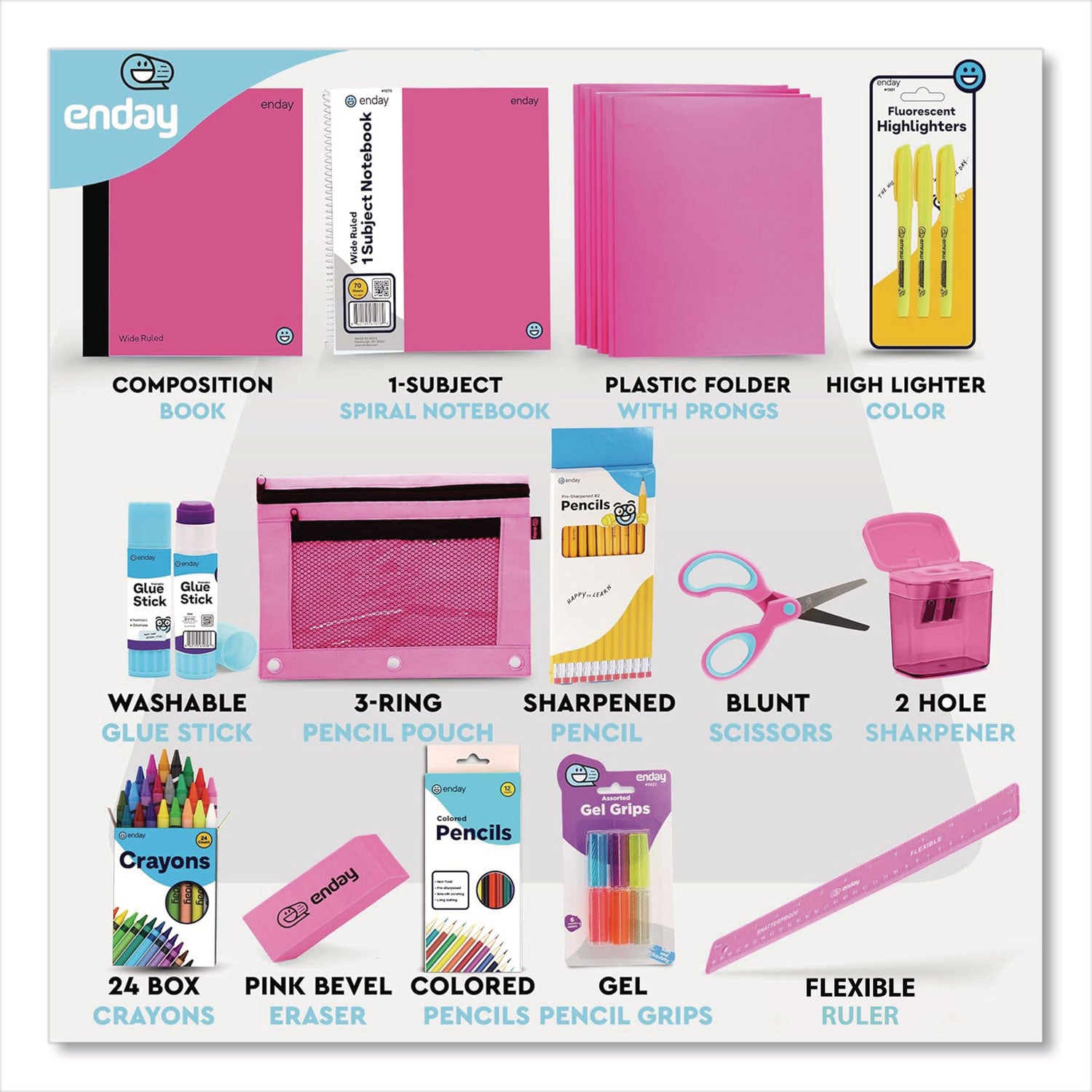 School Supply Kit, Pink, 71-Piece Set