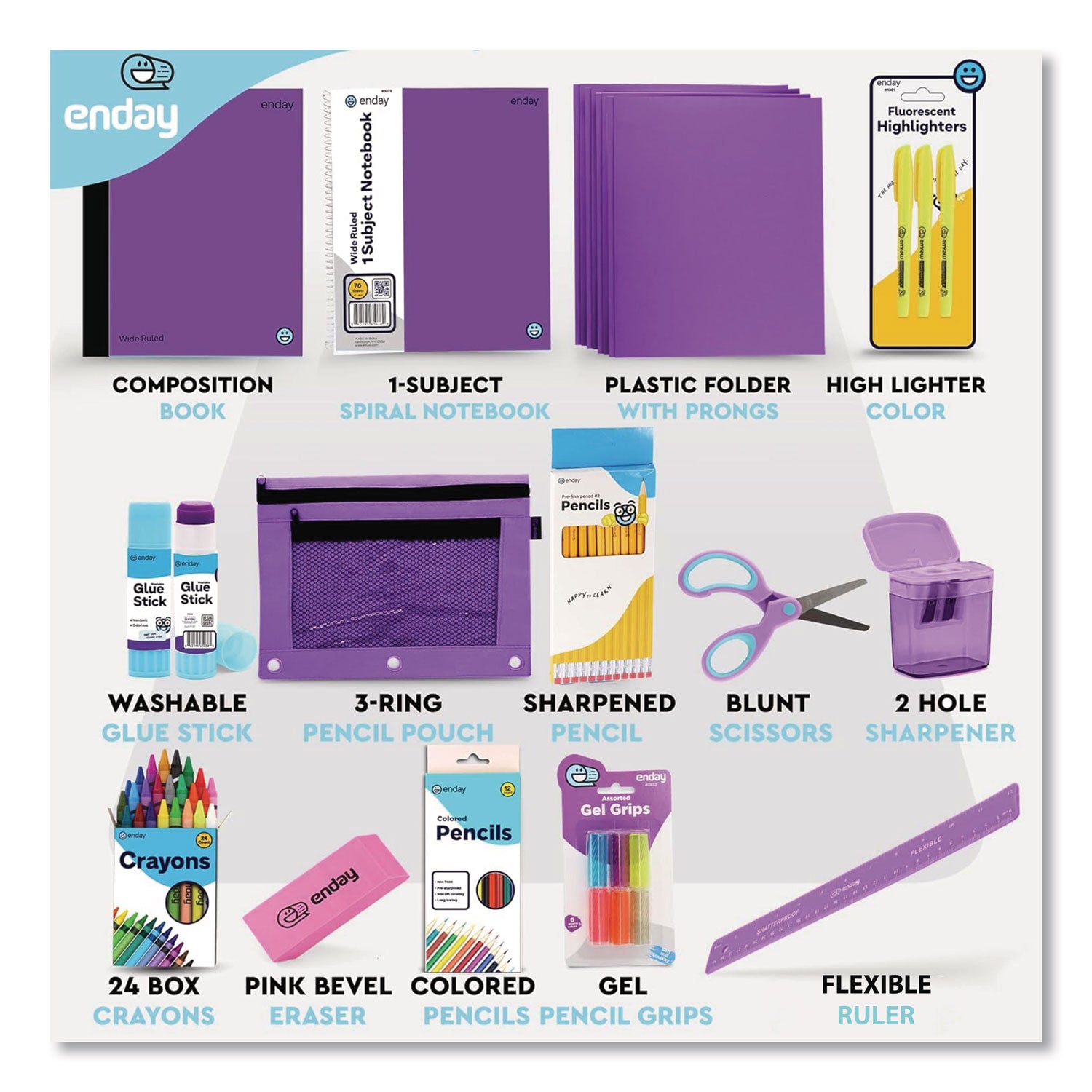 School Supply Kit, Purple, 71-Piece Set