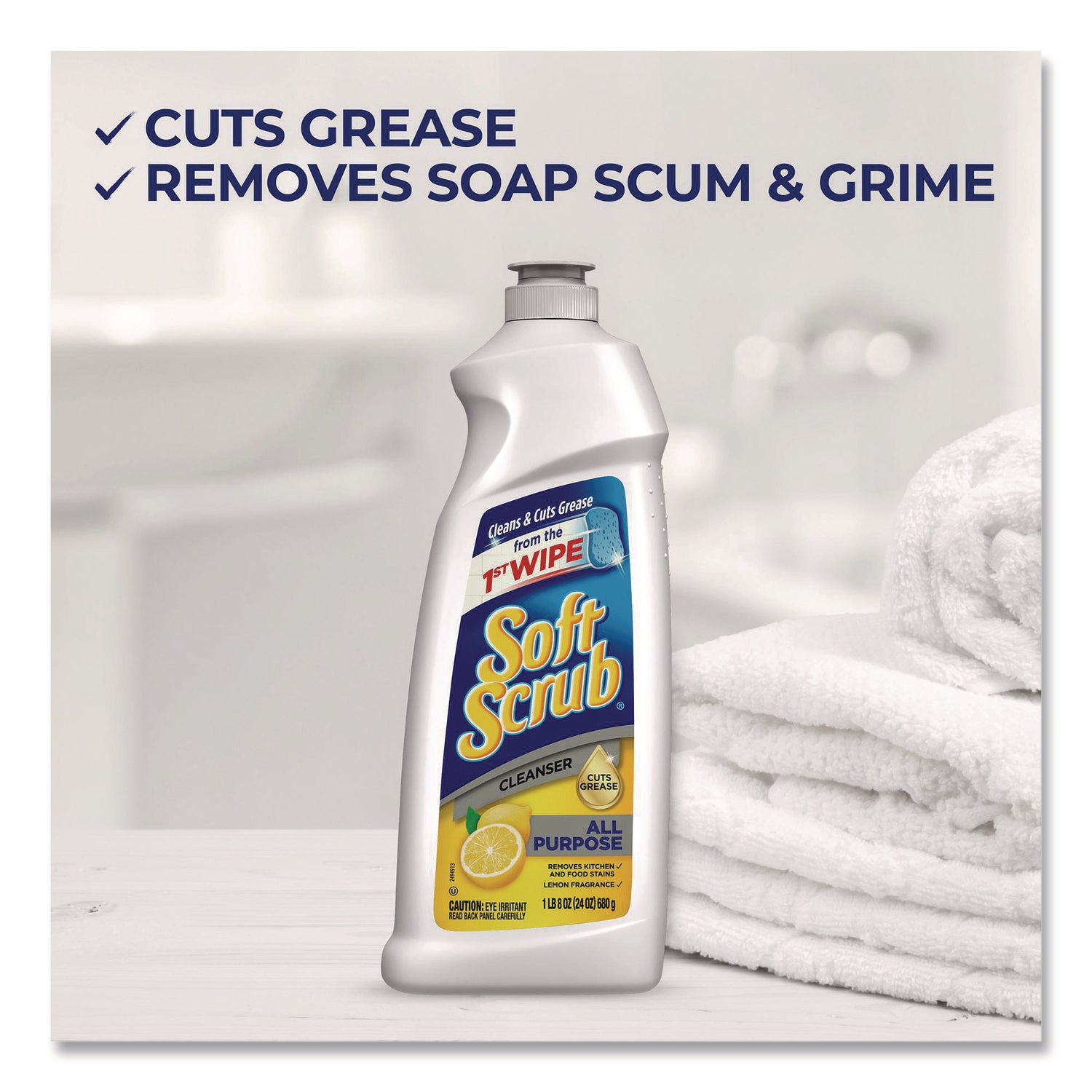 Soft Scrub Total Bath/Kitchen Cleanser - For Multipurpose - 24 fl oz (0.8 quart) - Fresh, Lemon Scent - Non-abrasive, Kosher - White - 1 Each