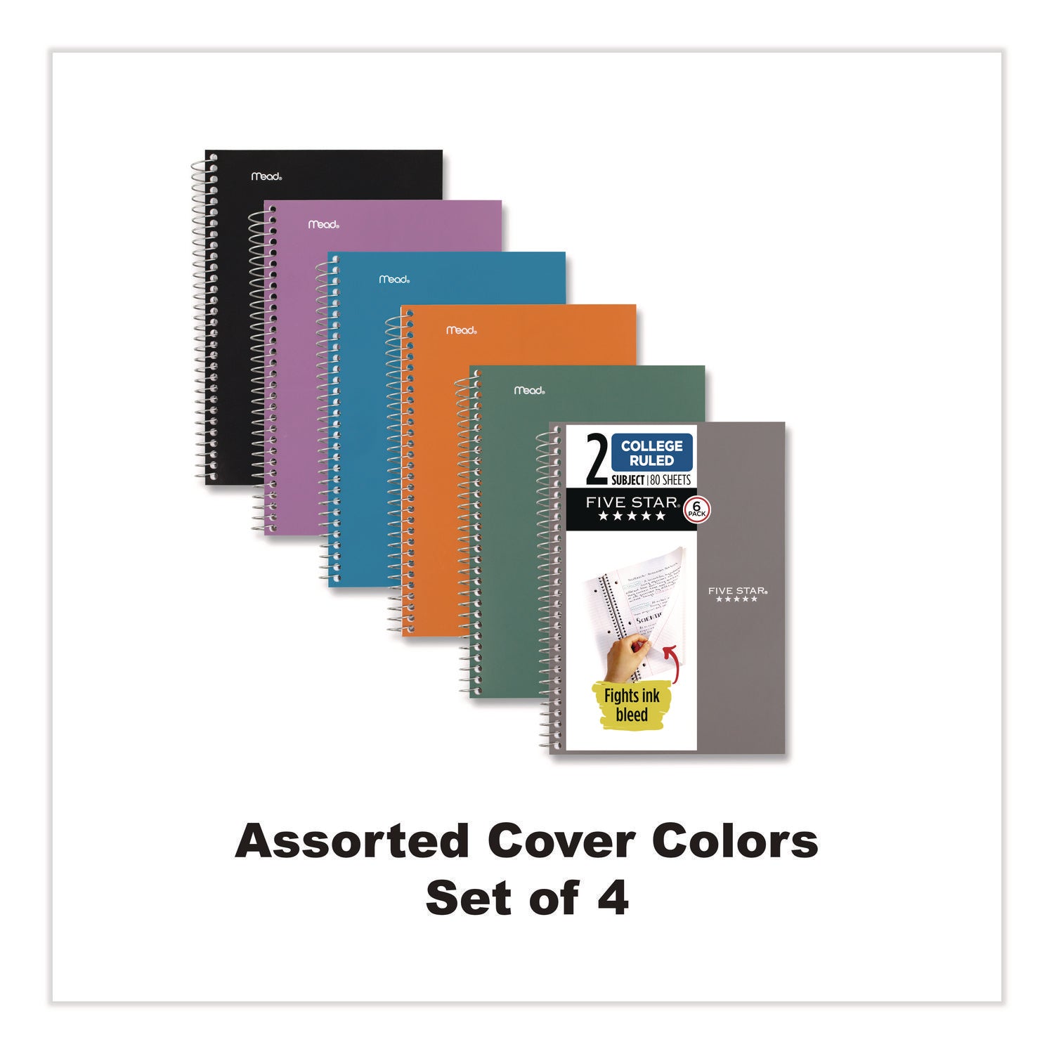 Mead College Ruled Notebook, 2 Subjects, 80 Sheets, 6" x 9.5", Spiral, Assorted Plastic Cover, Double Sided, Perforated, Ink Resistant, Water Resistant, 6 Pack