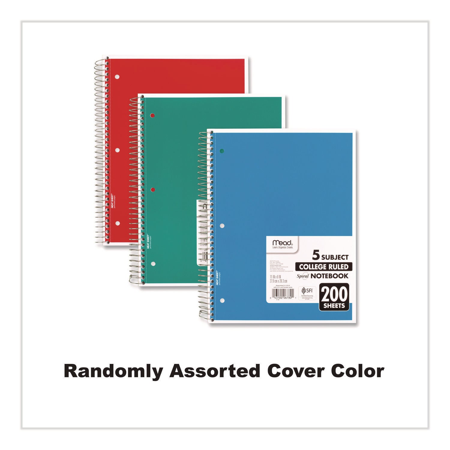 200 Sheets - Spiral - College Ruled Front Ruling - Letter - 8 1/2" x 11" Sheet Size - White Paper - Assorted Cover - Back Board, Heavyweight - 1 Each