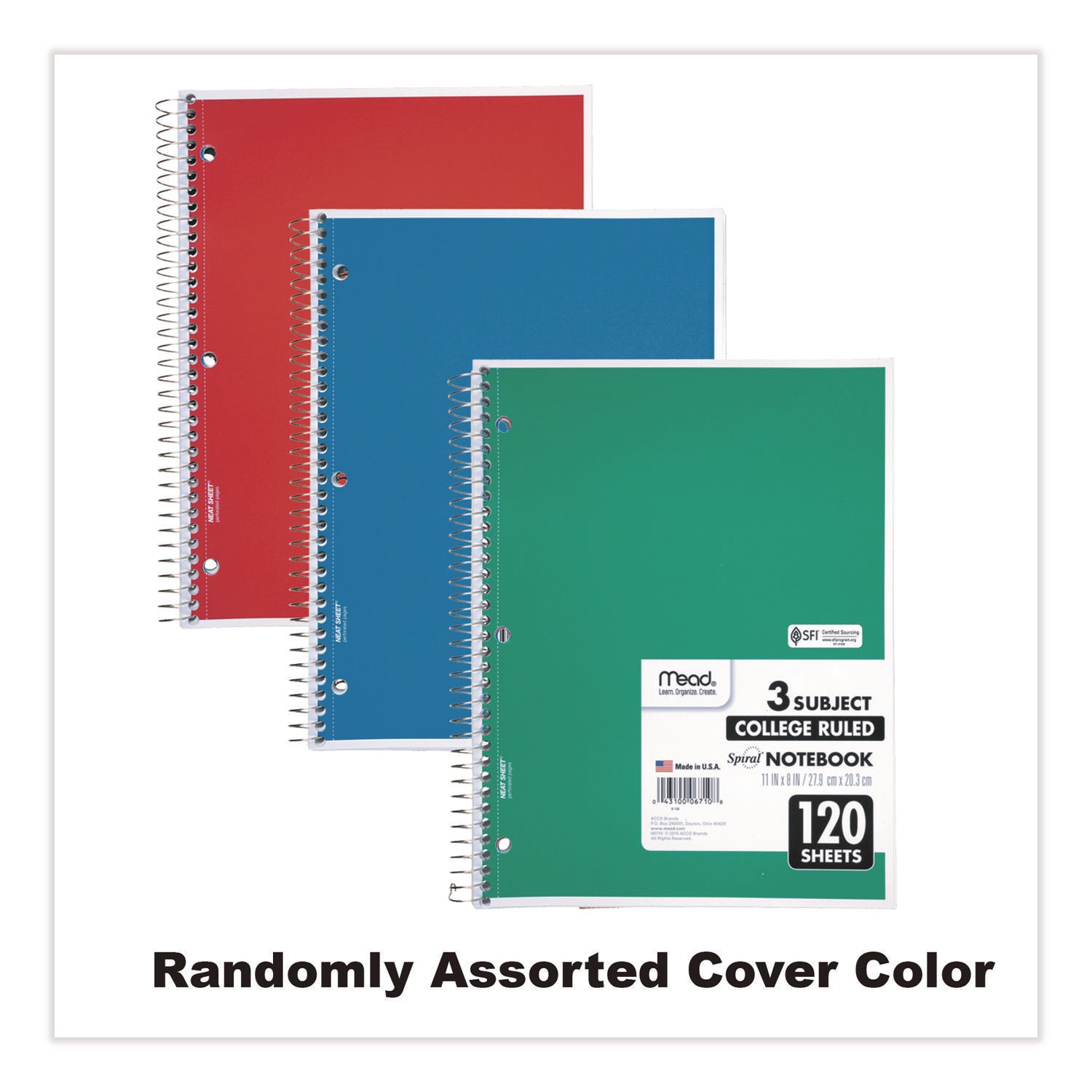 120 Sheets - Spiral - College Ruled Front Ruling - Letter - 8" x 11" Sheet Size - White Paper - Assorted Cover - Back Board - 1 Each