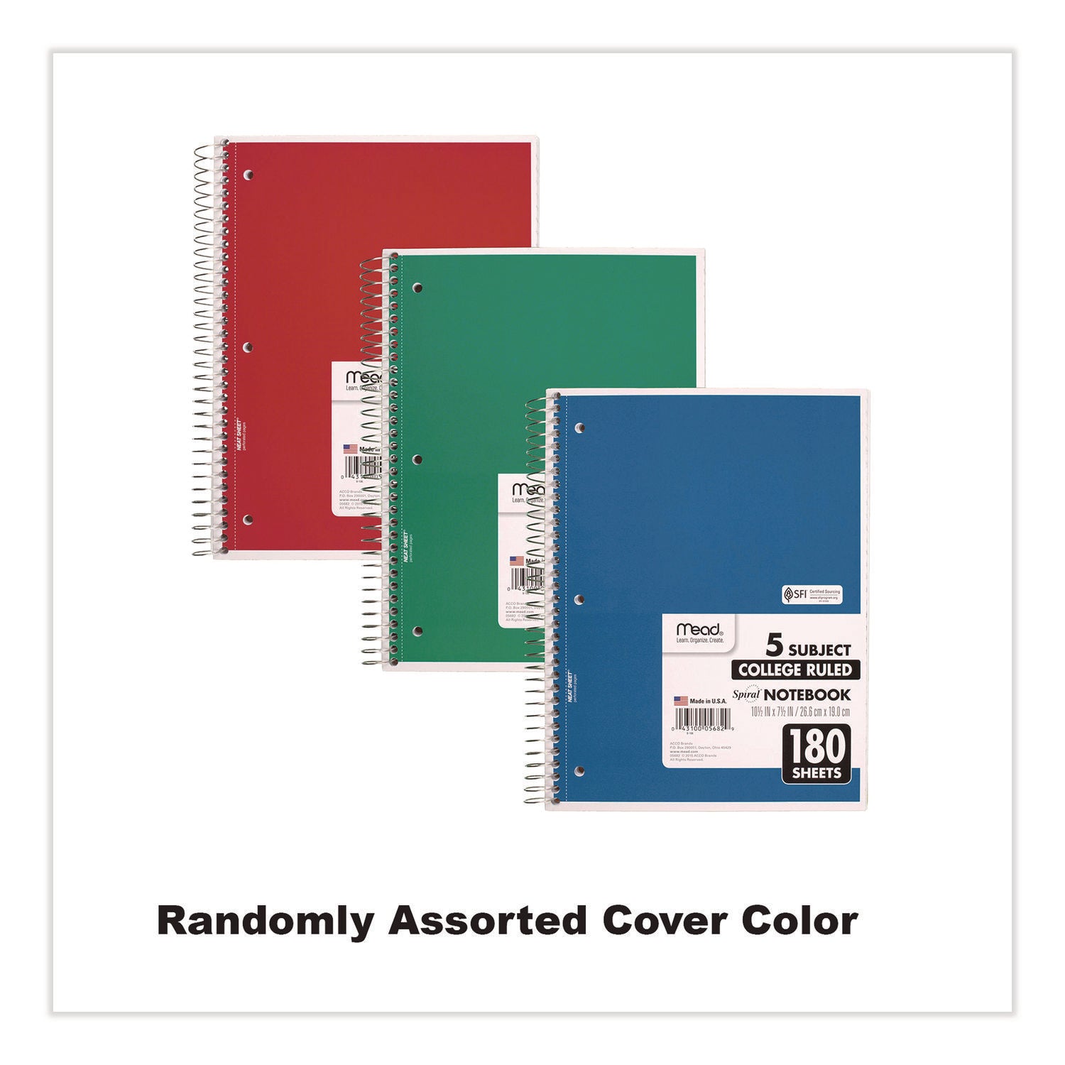 180 Sheets - Wire Bound - College Ruled Front Ruling - 7 1/2" x 10 1/2" Sheet Size - White Paper - Blue, Green, Red Cover - Divider, Compact, Subject - 1 Each