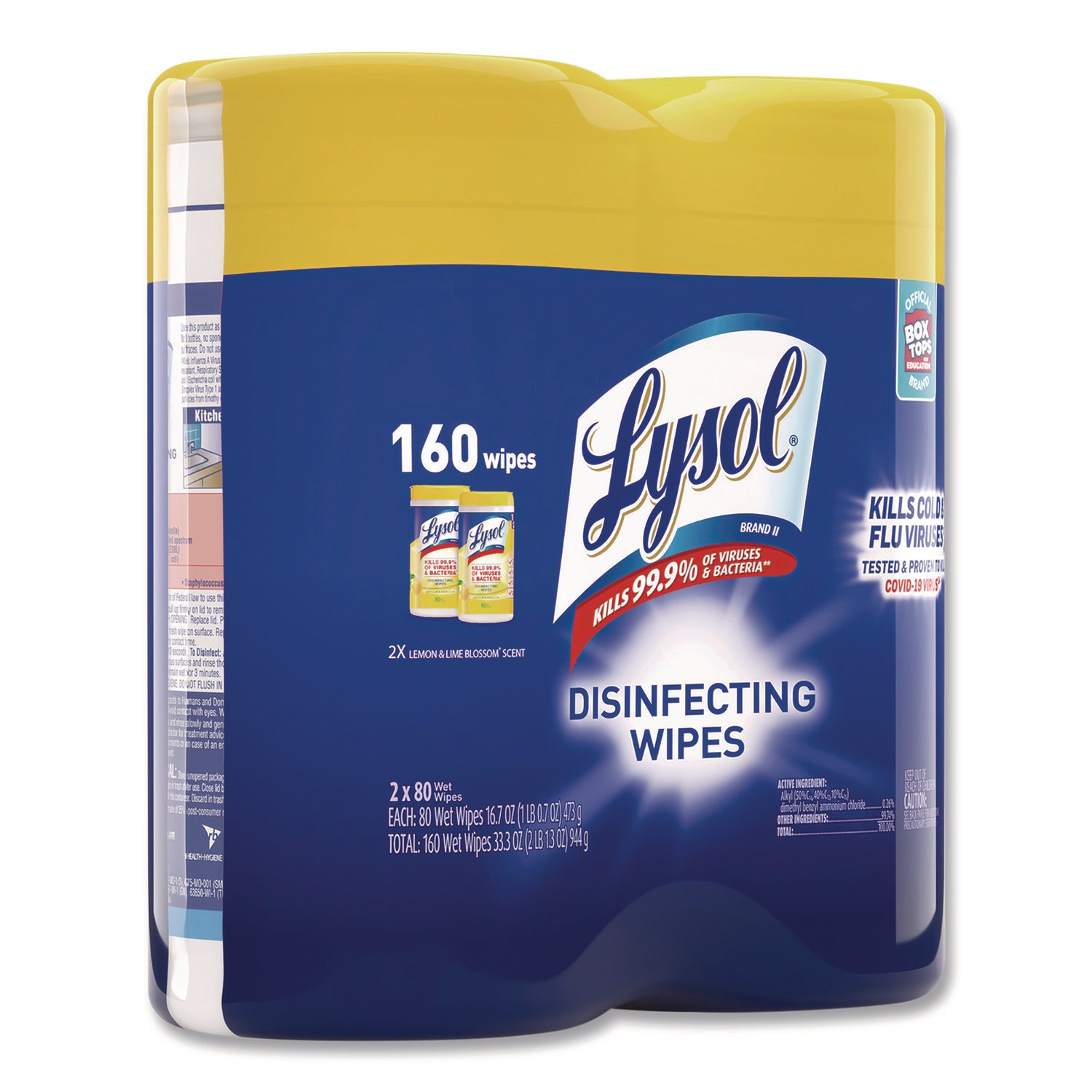 Lysol Disinfecting Wipes, Lemon Lime Scent, 80 Wipes per Tub, 160 Wipes per Pack, Pre-moistened, Antibacterial, White