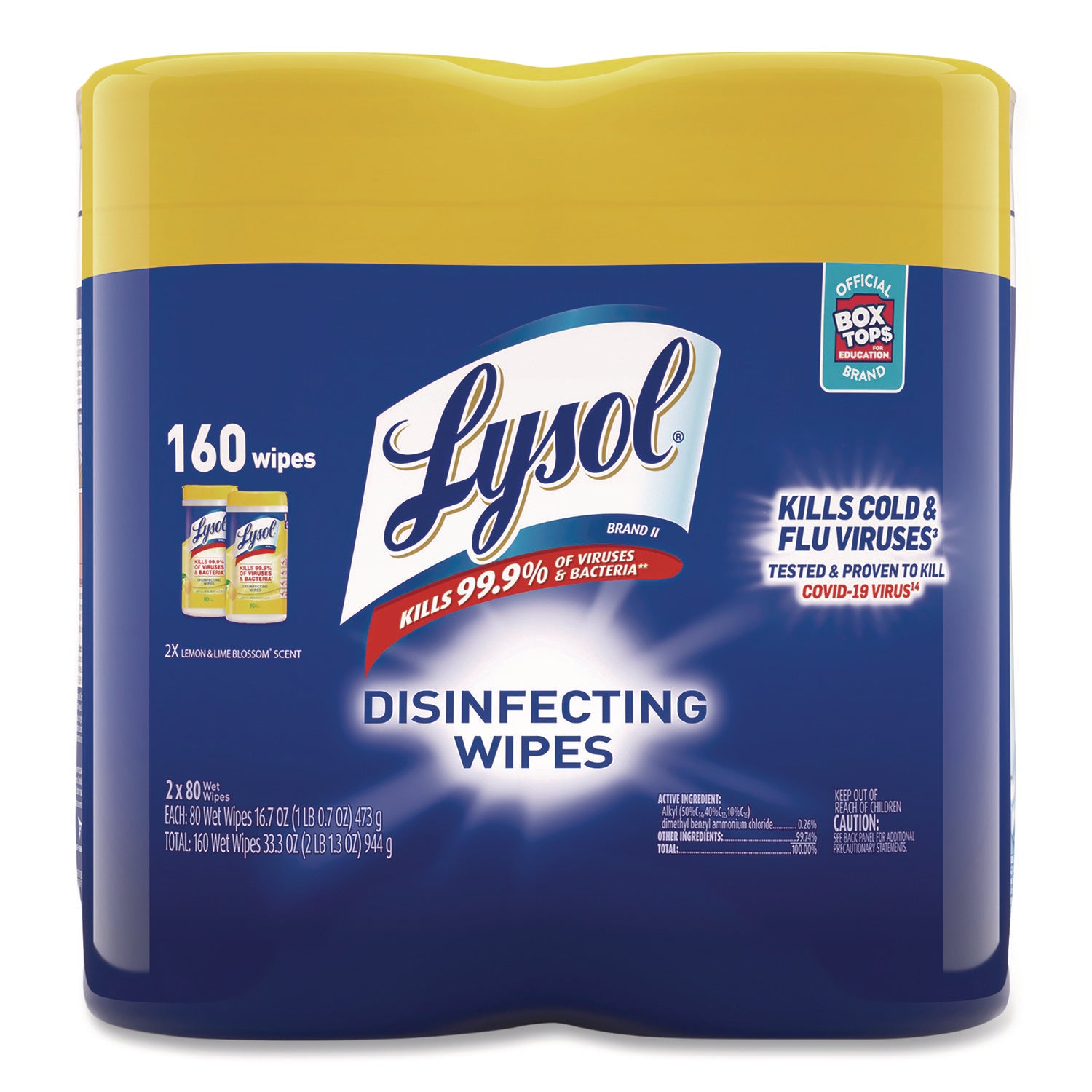 Lysol Disinfecting Wipes, Lemon Lime Scent, 80 Wipes per Tub, 160 Wipes per Pack, Pre-moistened, Antibacterial, White