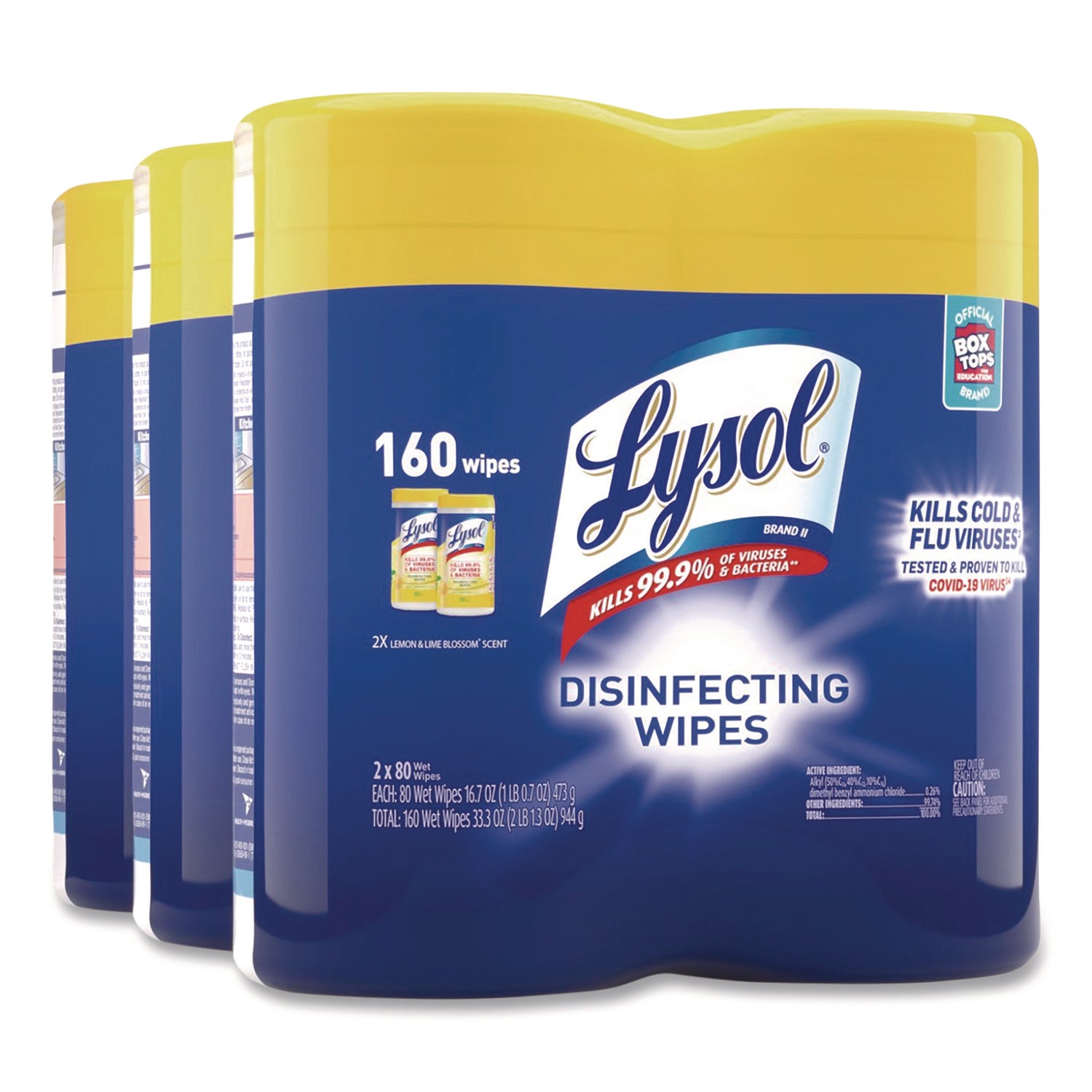 Lysol Disinfecting Wipes, Lemon Lime Scent, 80 Wipes per Tub, 160 Wipes per Pack, Pre-moistened, Antibacterial, White