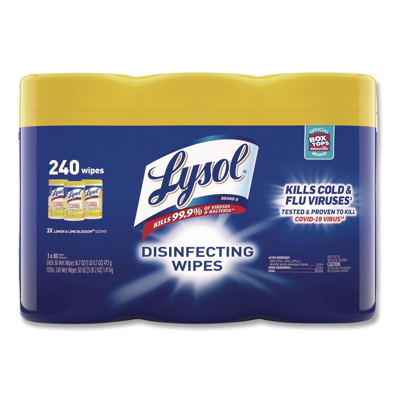 Lysol Lemon/Lime Disinfecting Wipes - For Multi Surface, Multipurpose - Lemon, Lime Blossom Scent - Recommended For: Virus Remover, Bacteria Remover - Pre-moistened, Deodorize, Disinfectant, Anti-bacterial - White - 80/Tub - 2 / Carton