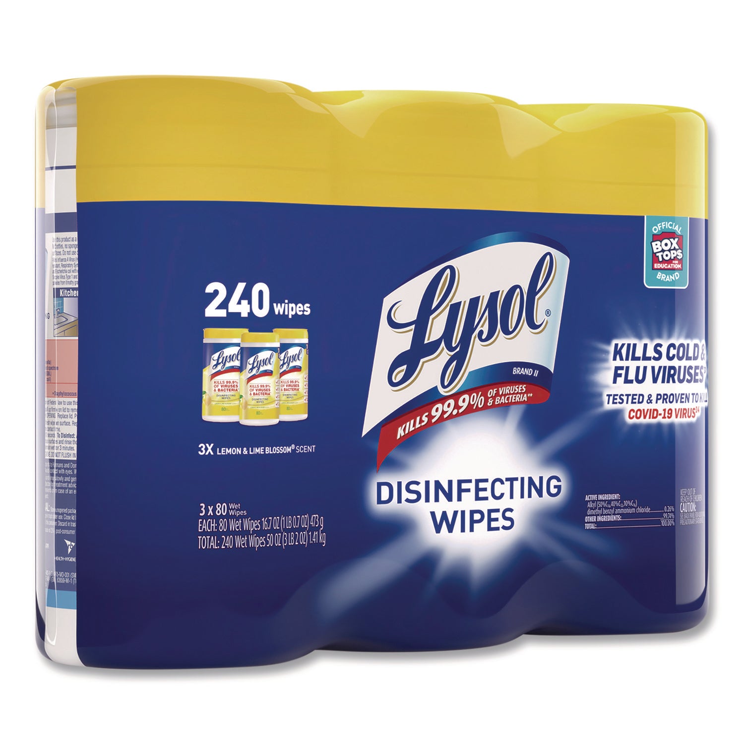 Lysol Lemon/Lime Disinfecting Wipes - For Multi Surface, Multipurpose - Lemon, Lime Blossom Scent - Recommended For: Virus Remover, Bacteria Remover - Pre-moistened, Deodorize, Disinfectant, Anti-bacterial - White - 80/Tub - 2 / Carton